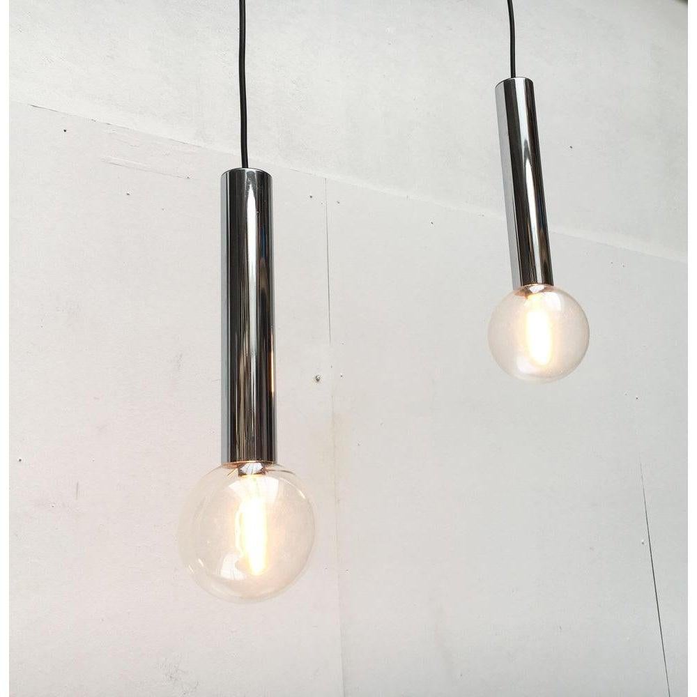 Set of 2 Vintage Space Age Chrome & Glass Pendant Lamps by Motoko Ishii For Sale 7
