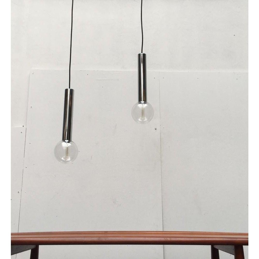 Set of 2 Vintage Space Age Chrome & Glass Pendant Lamps by Motoko Ishii For Sale 9