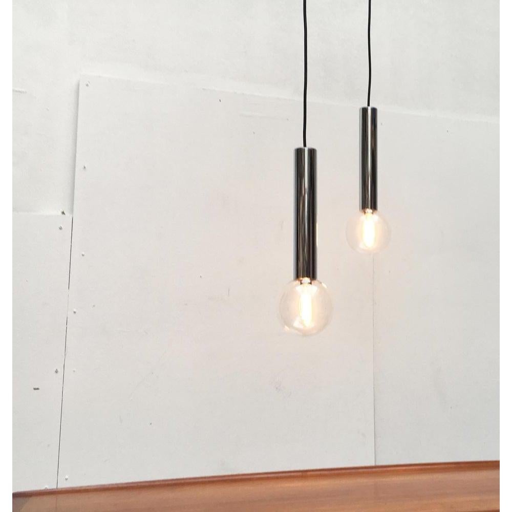 Metal Set of 2 Vintage Space Age Chrome & Glass Pendant Lamps by Motoko Ishii For Sale