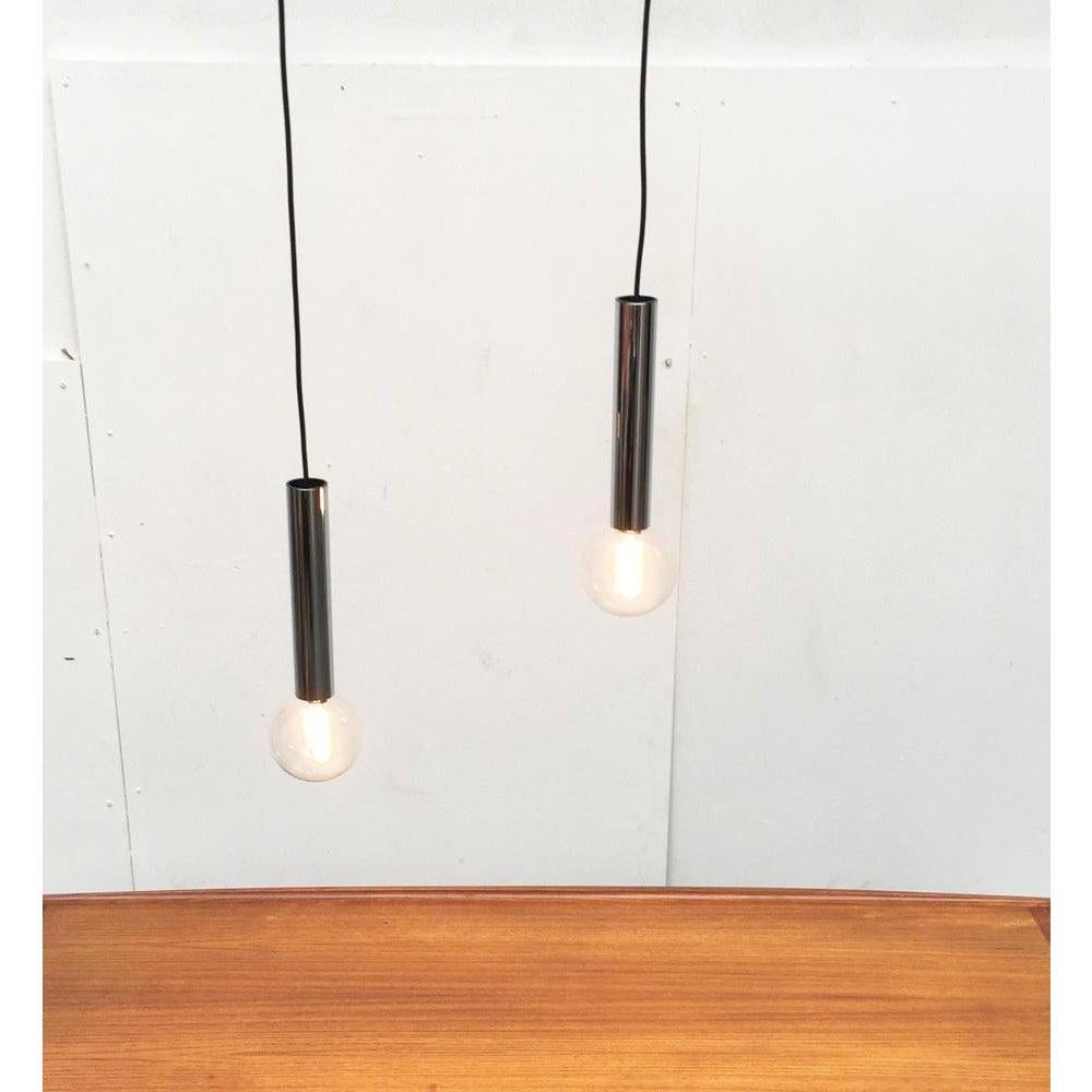 Set of 2 Vintage Space Age Chrome & Glass Pendant Lamps by Motoko Ishii For Sale 2