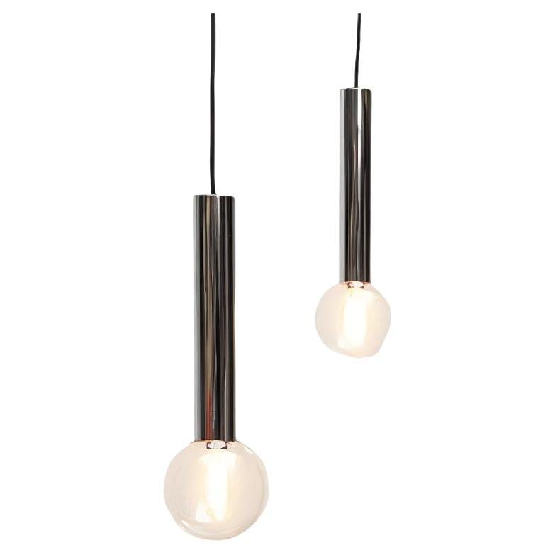 Set of 2 Vintage Space Age Chrome & Glass Pendant Lamps by Motoko Ishii