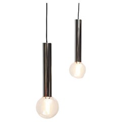 Set of 2 Vintage Space Age Chrome & Glass Pendant Lamps by Motoko Ishii