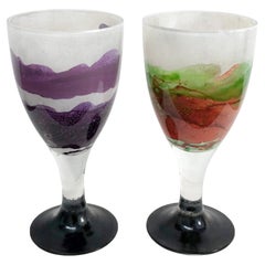 Set of 2 Vintage Stem Glasses Handblown Studio Glass with Abstract Color Swirl
