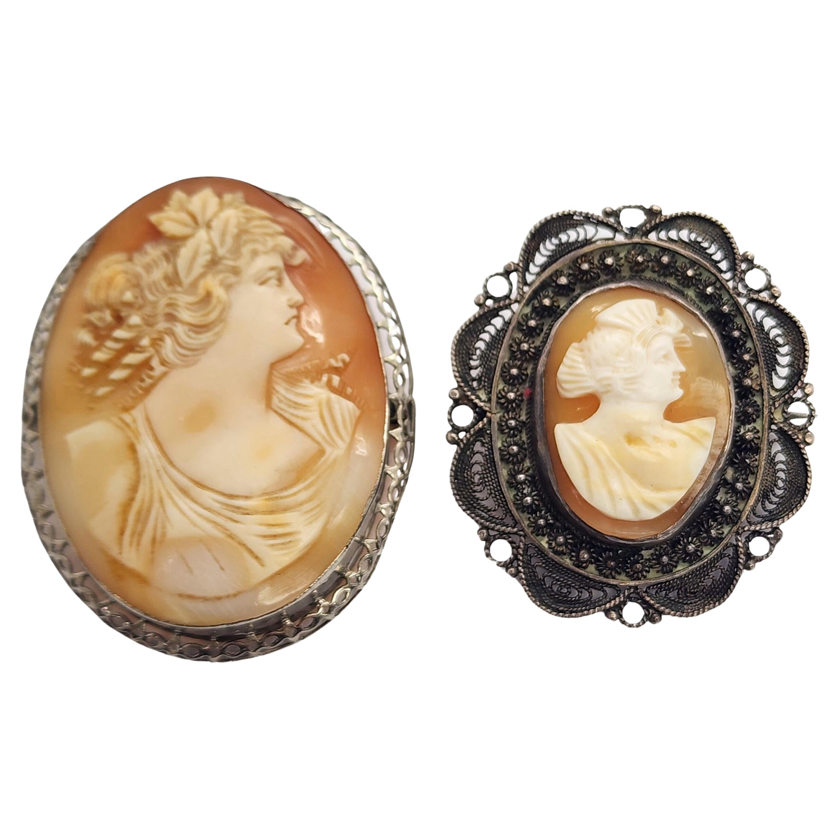 Set of 2 Vintage Sterling Silver Cameo Pins/Brooches #16082 For Sale