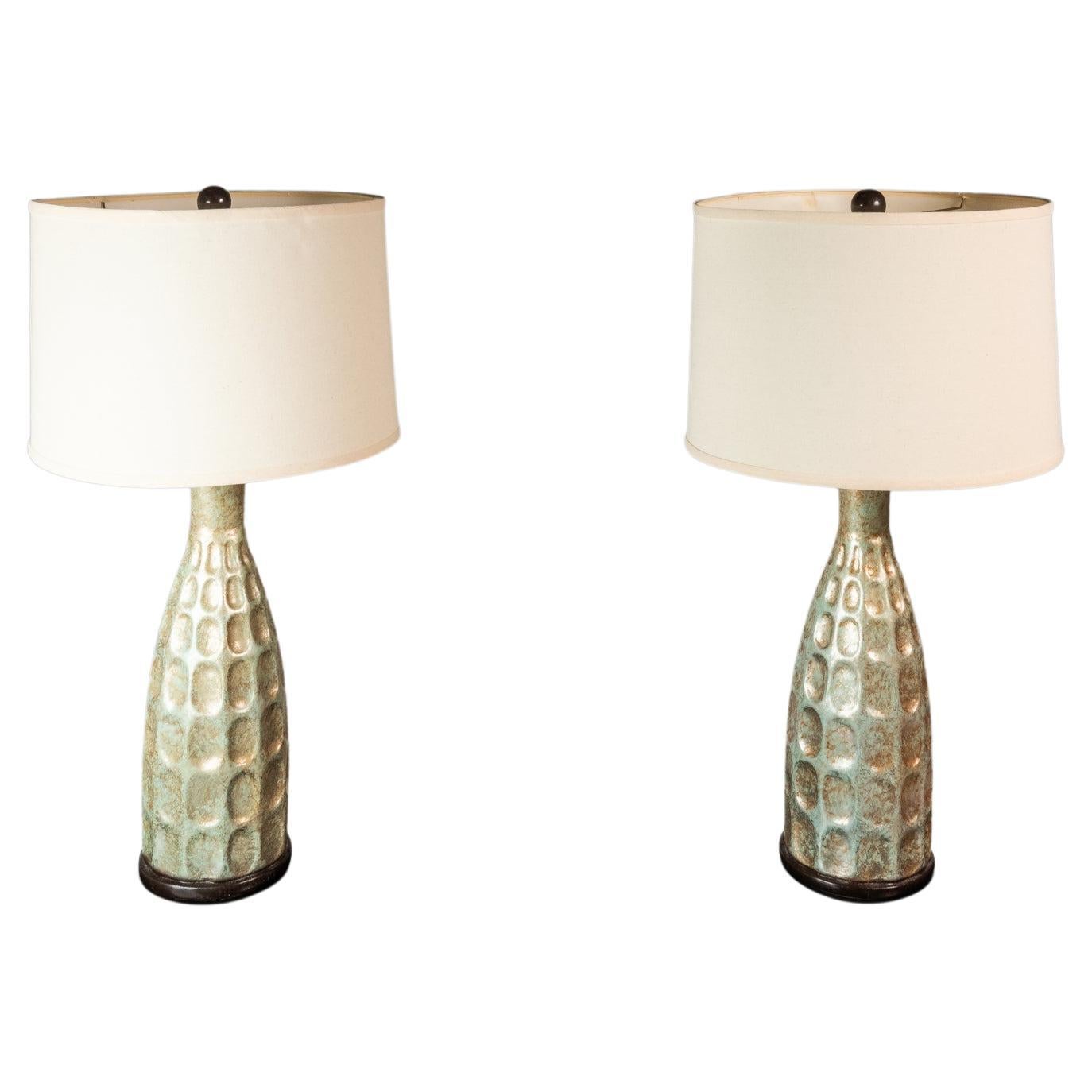 Set of 2 Vintage Textured Rough Glazed Ceramic Table Lamps, USA, c. 1970s