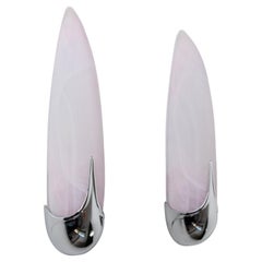 Set of 2 Vintage Wall Lamps Pink Glass and Chrome, Spain, 1980s
