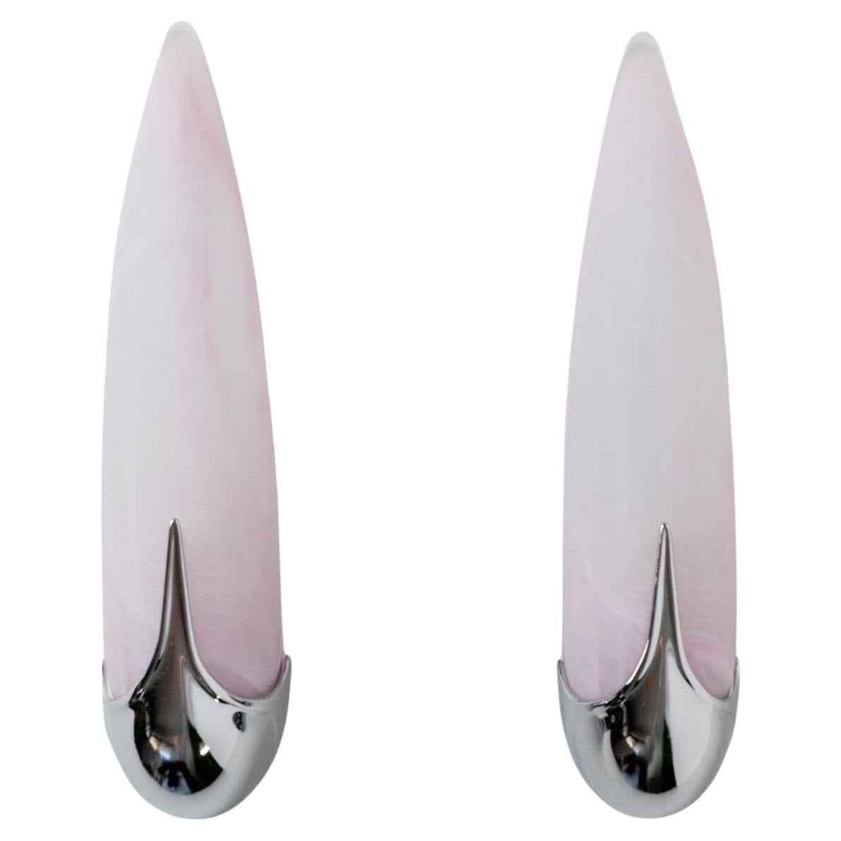 Set of 2 Vintage Wall Lamps Pink Glass and Chrome, Spain, 1980s