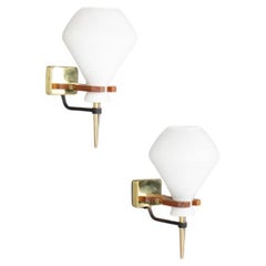 Set of 2 Vintage Wall Lights in Brass and Opaline, 1950s