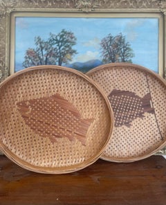 Set of 2 Vintage Woven Possibly Bamboo Trays with Fish Motif