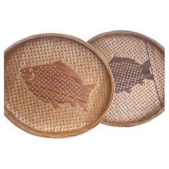 Set of 2 Vintage Woven Possibly Bamboo Trays with Fish Motif
