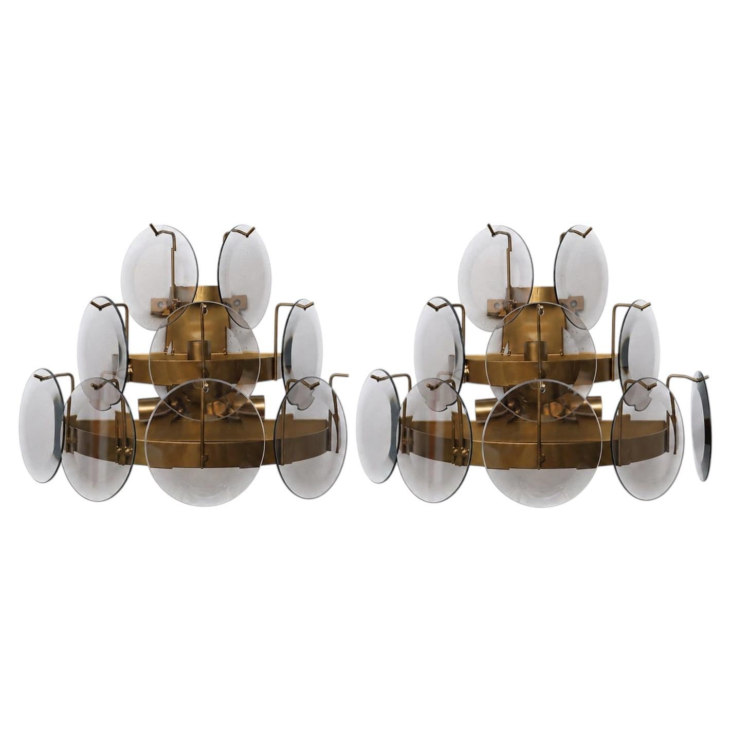 Set of 2 Vistosi Murano Wall Light Smoked Disc, 1970 For Sale