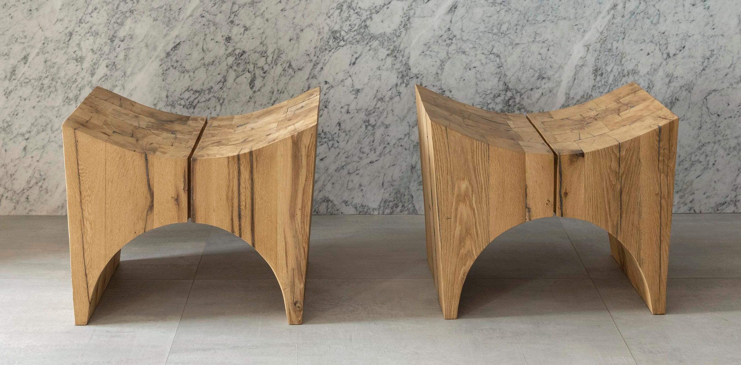 Set Of 2 W Oak Stools by Nana Zaalishvili
Dimensions: D 30 x W 55 x H 45 cm.
Materials: Solid oak.

Made in century old oak wood, W stool serve as an easy and comfortable seating for the spaces with the different function. Massive volume of the W