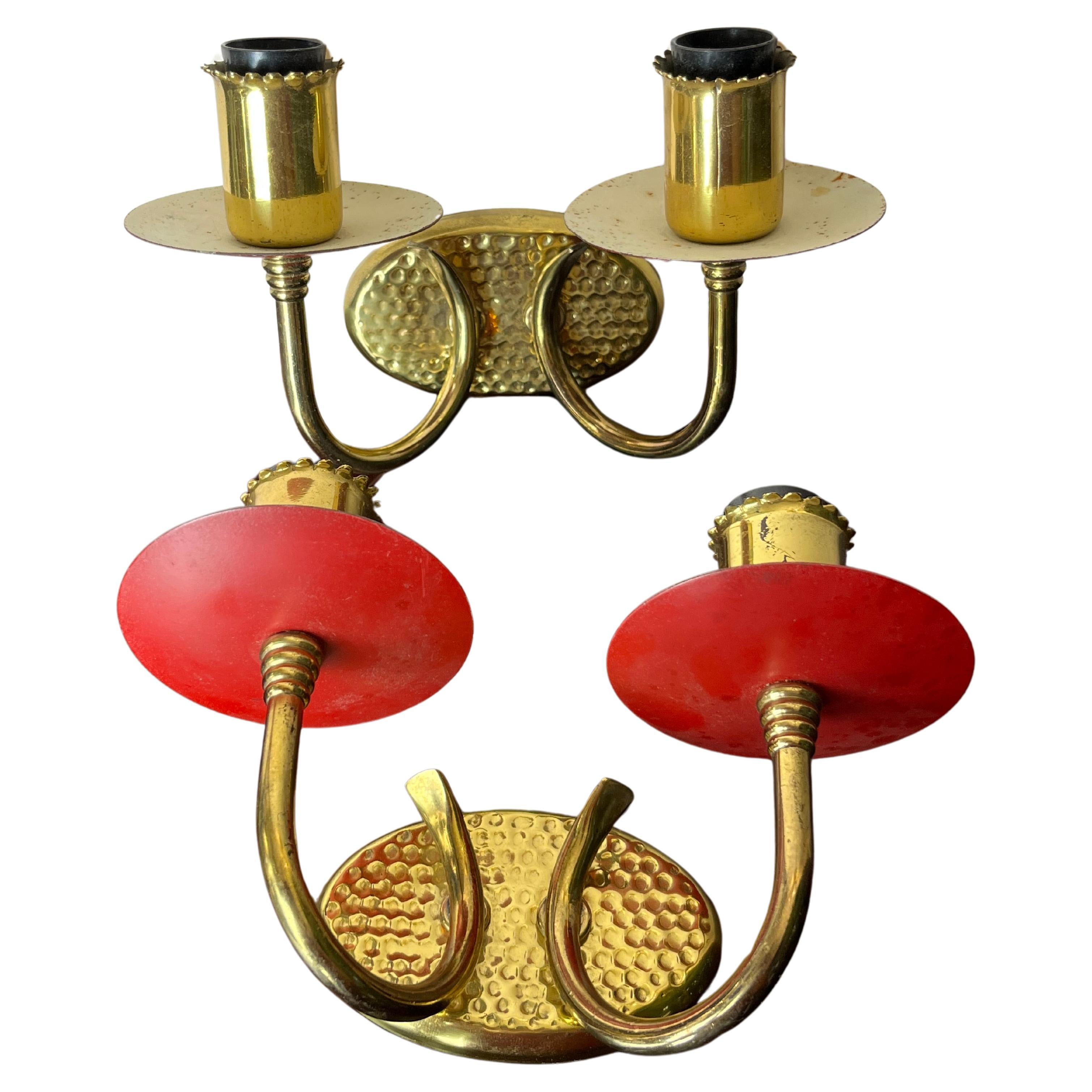 Set of 2 Wall Lamps in Brass and Colored Aluminium, Made in Italy, 1950s