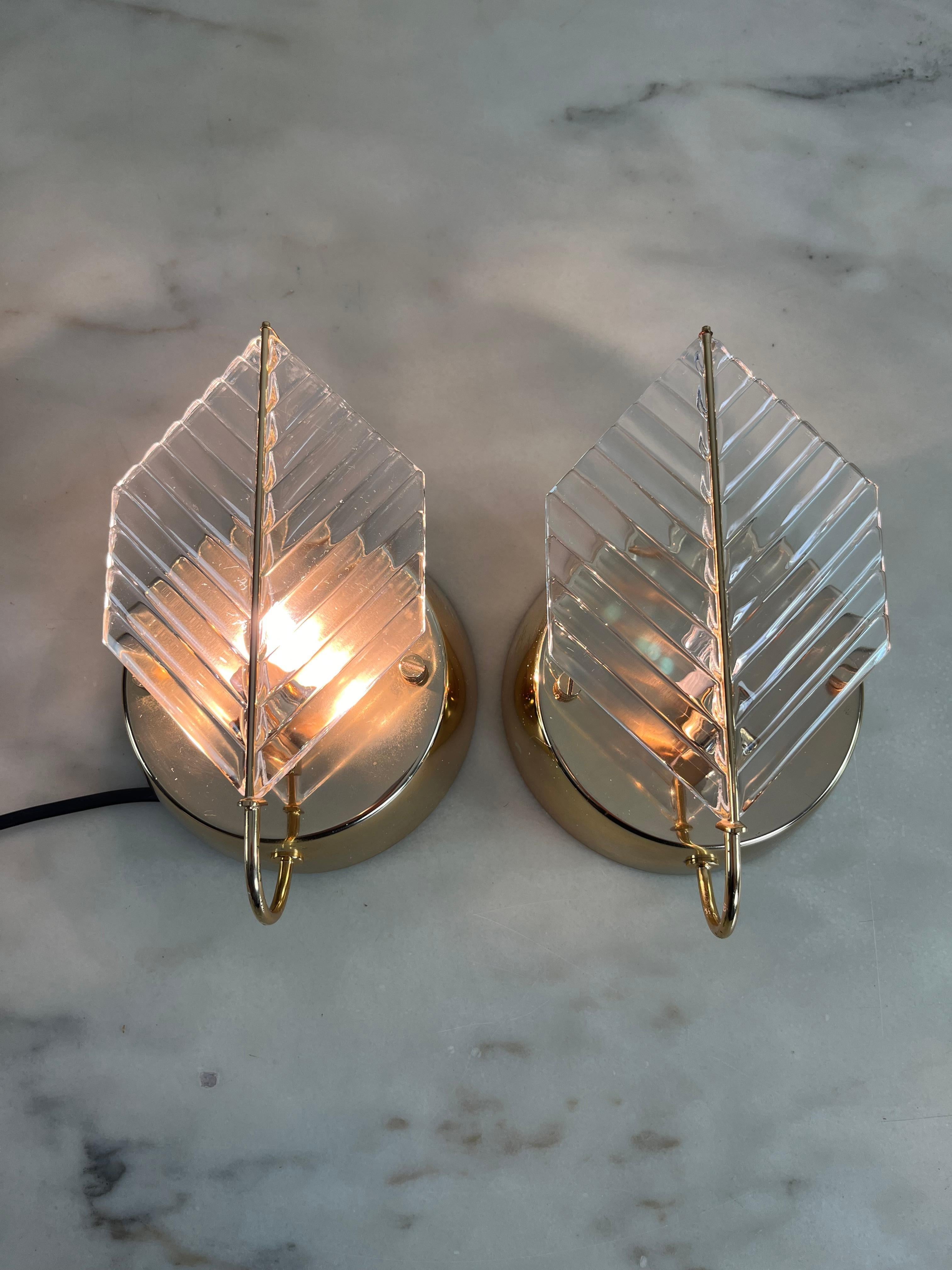 Set Of 2 Wall Lamps In Brass And Murano Glass, Zero Quattro 1970s For Sale 5