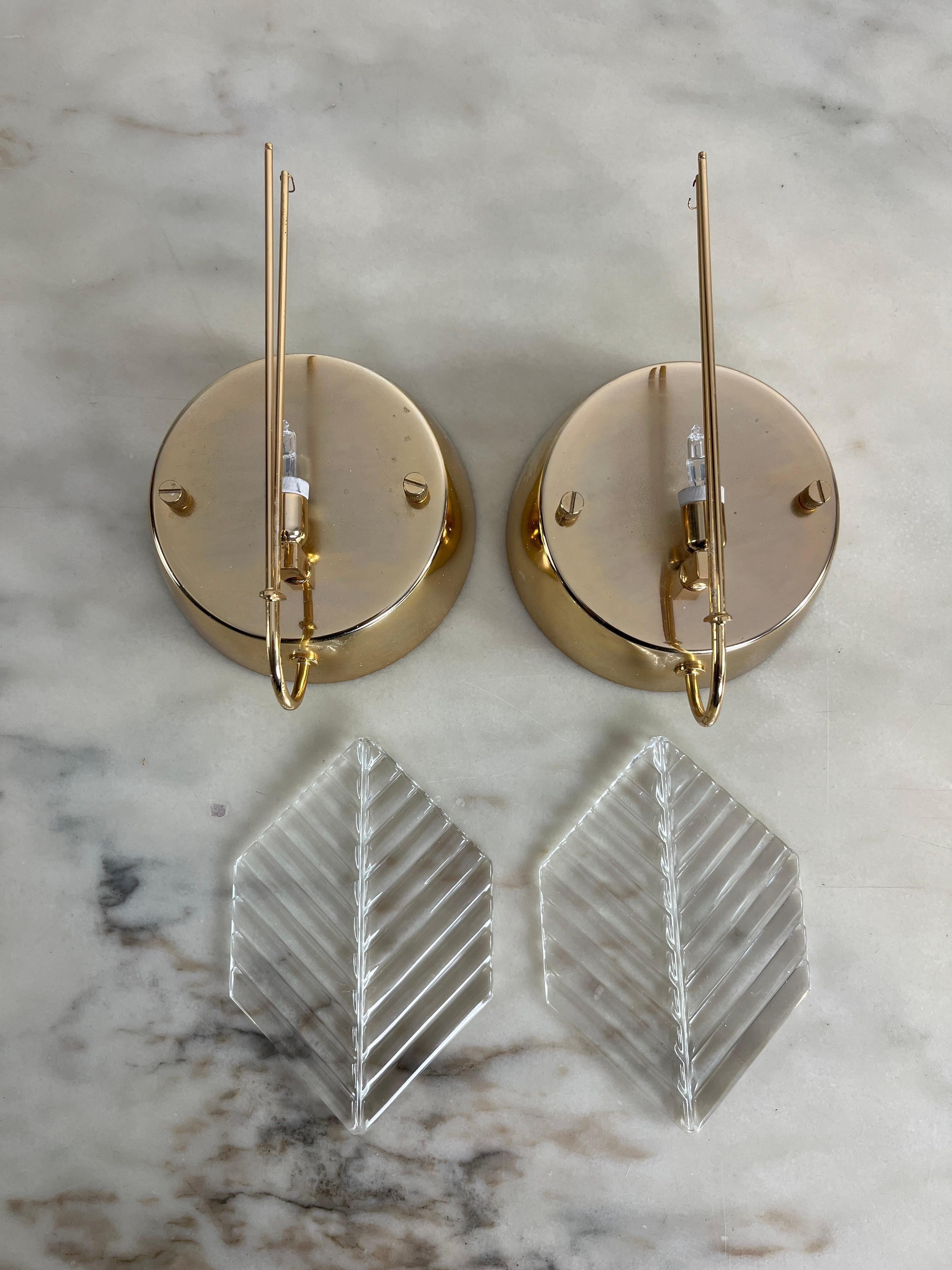 Set Of 2 Wall Lamps In Brass And Murano Glass, Zero Quattro 1970s For Sale 8