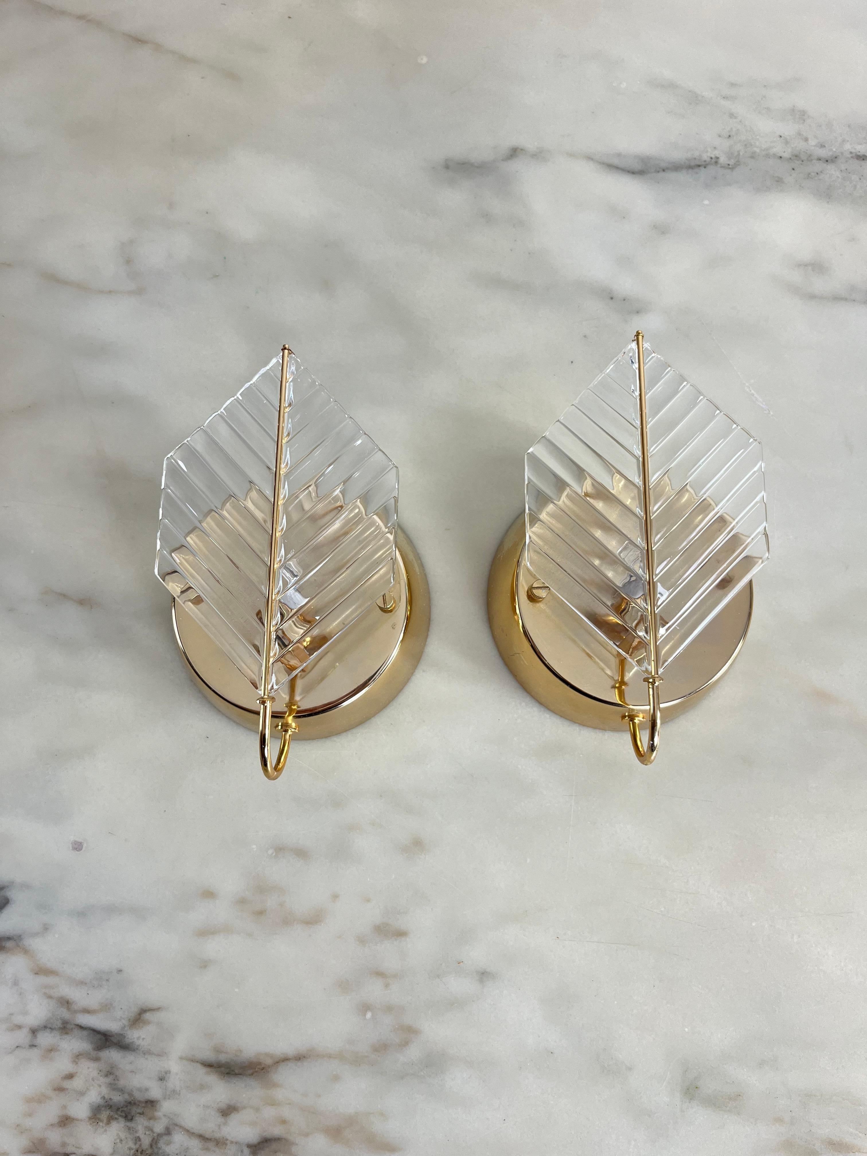 Set Of 2 Wall Lamps In Brass And Murano Glass, Zero Quattro 1970s In Good Condition For Sale In Palermo, IT