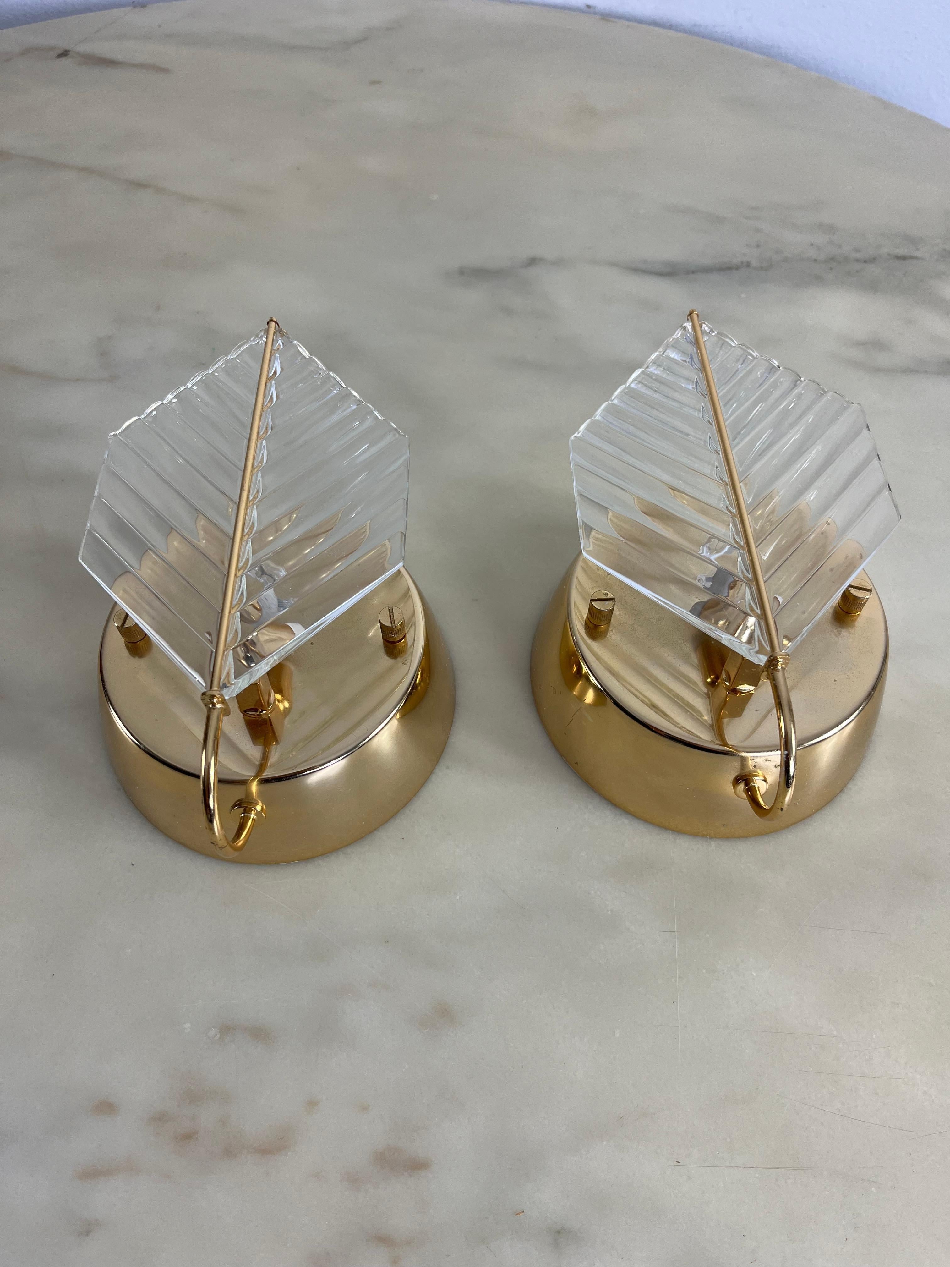 Late 20th Century Set Of 2 Wall Lamps In Brass And Murano Glass, Zero Quattro 1970s For Sale