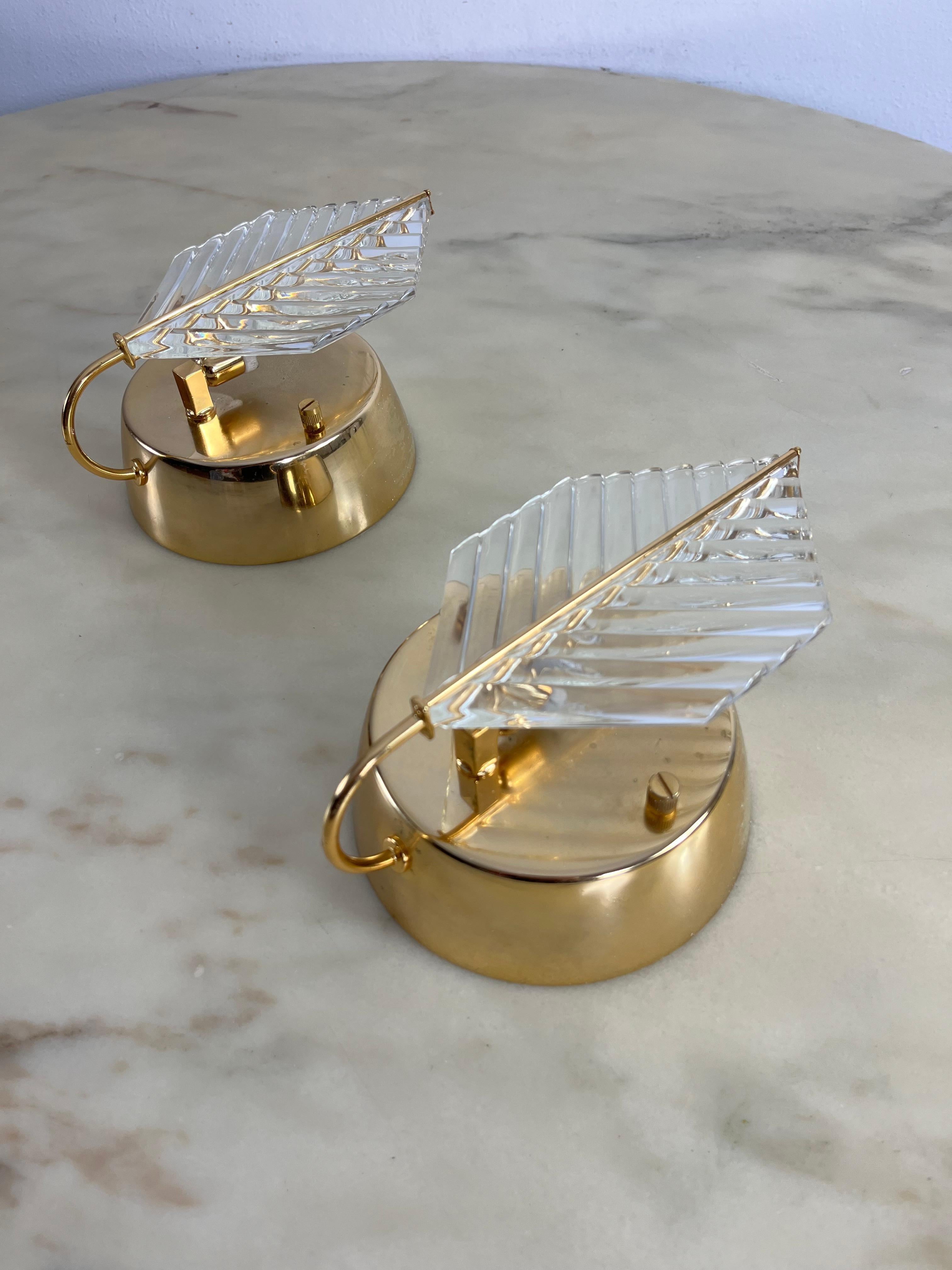 Set Of 2 Wall Lamps In Brass And Murano Glass, Zero Quattro 1970s For Sale 1