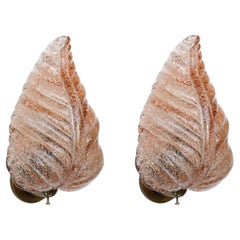 Set of 2 Wall Light Pink colour Murano Glass Leave by Barovier e Toso, 1950s