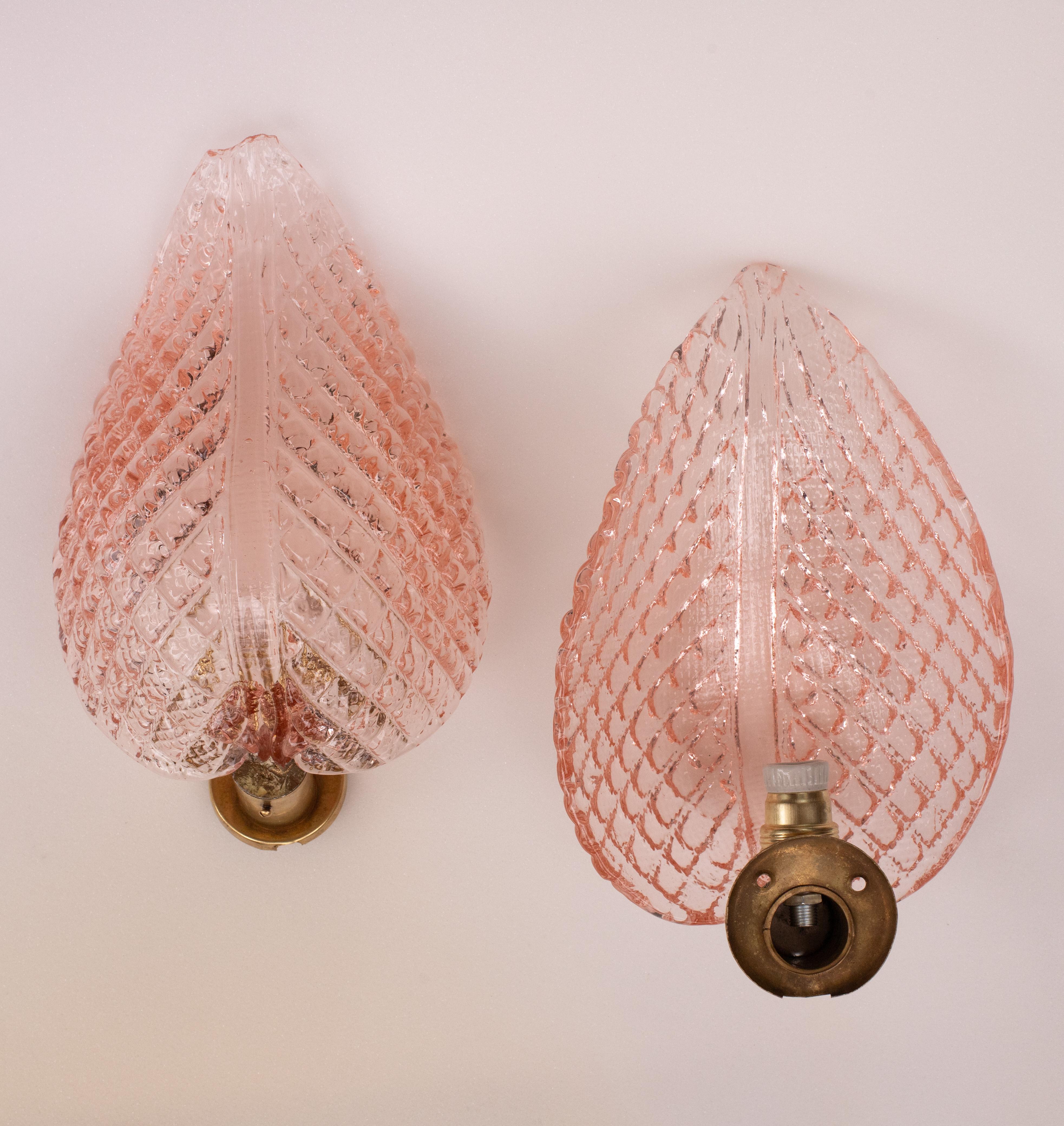 Set of 2 Wall light Pink Jewel Murano Glass Leave by Barovier e Toso, 1950s In Good Condition For Sale In Roma, IT
