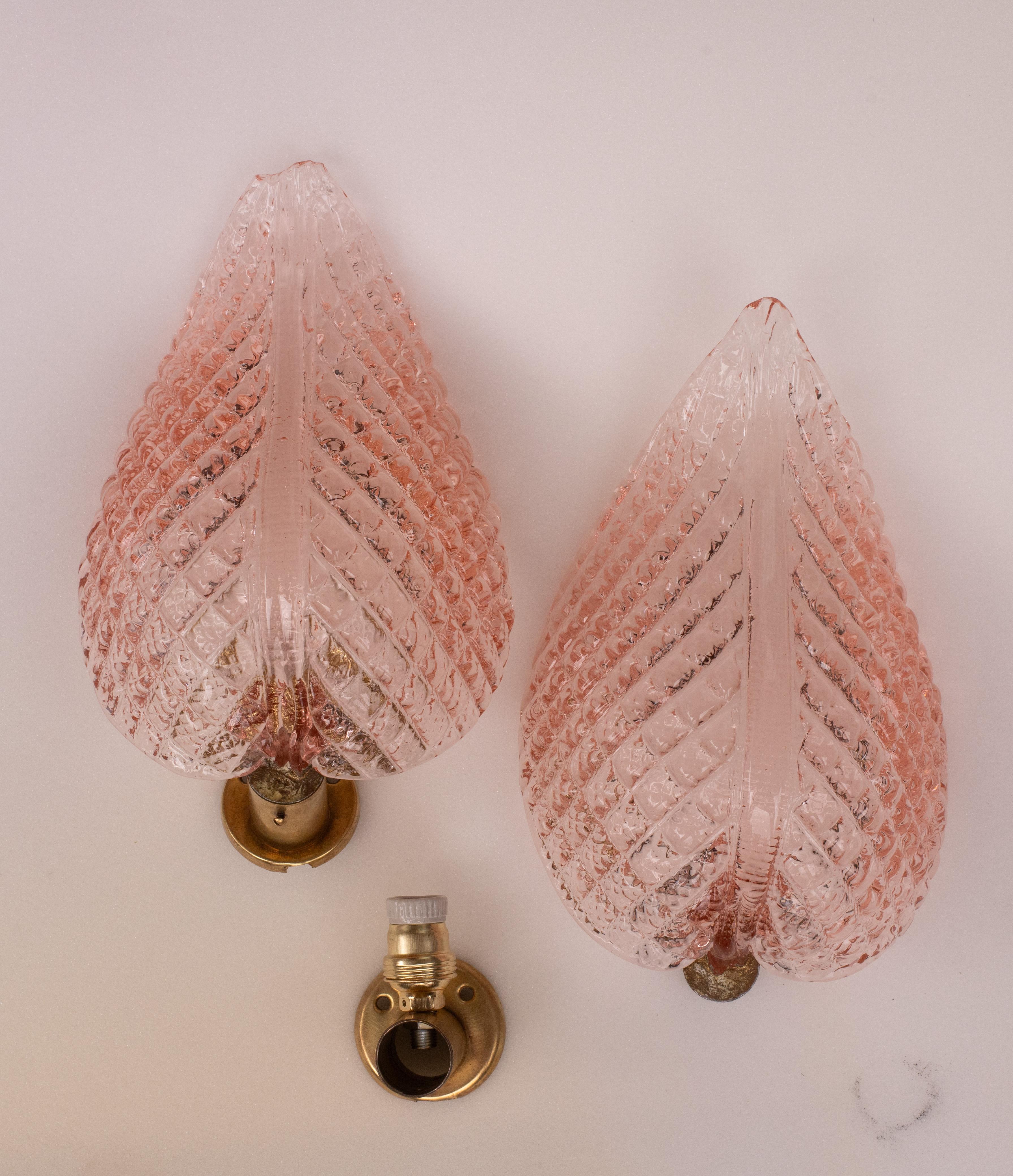 Mid-20th Century Set of 2 Wall light Pink Jewel Murano Glass Leave by Barovier e Toso, 1950s For Sale