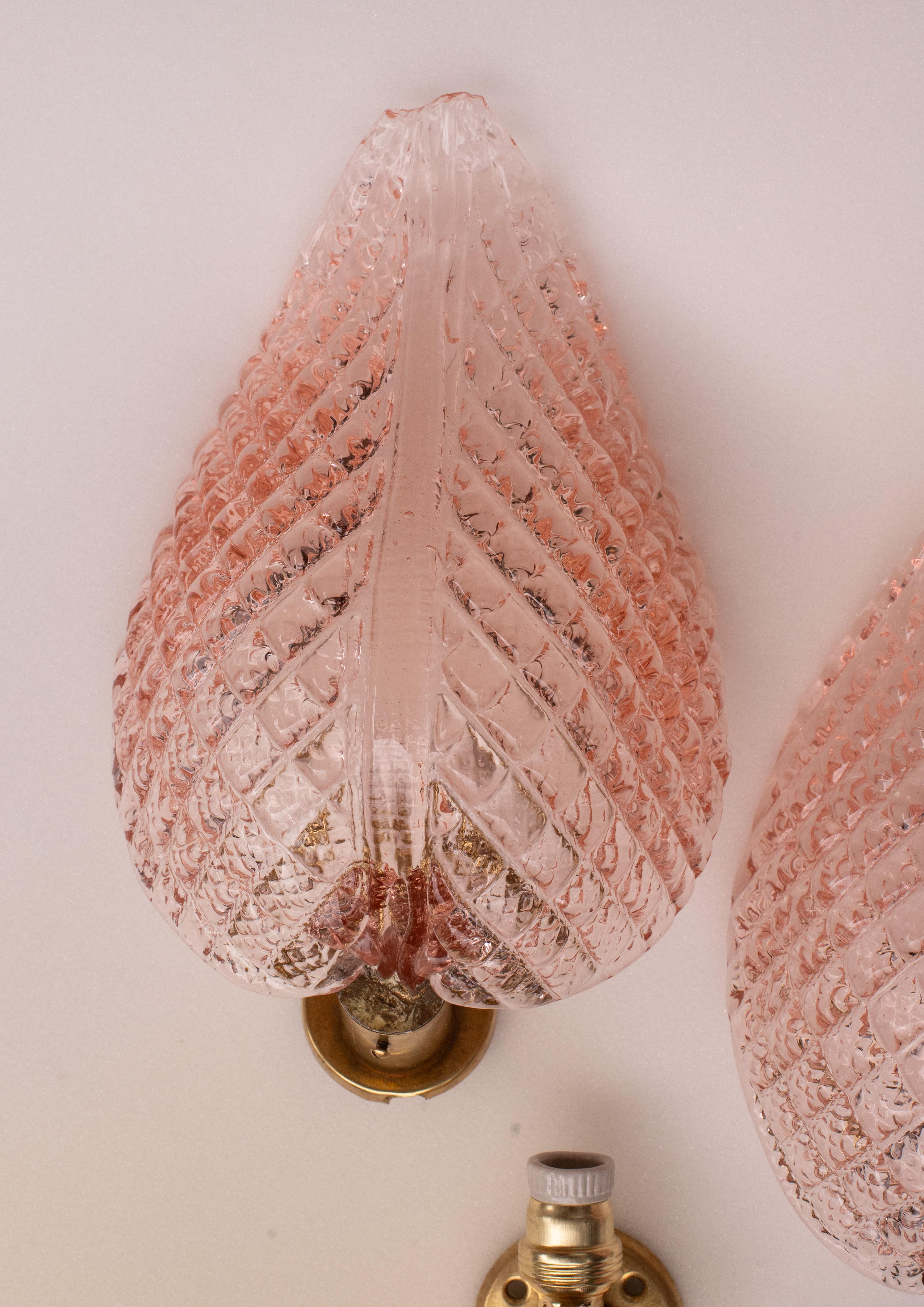 Set of 2 Wall light Pink Jewel Murano Glass Leave by Barovier e Toso, 1950s For Sale 1