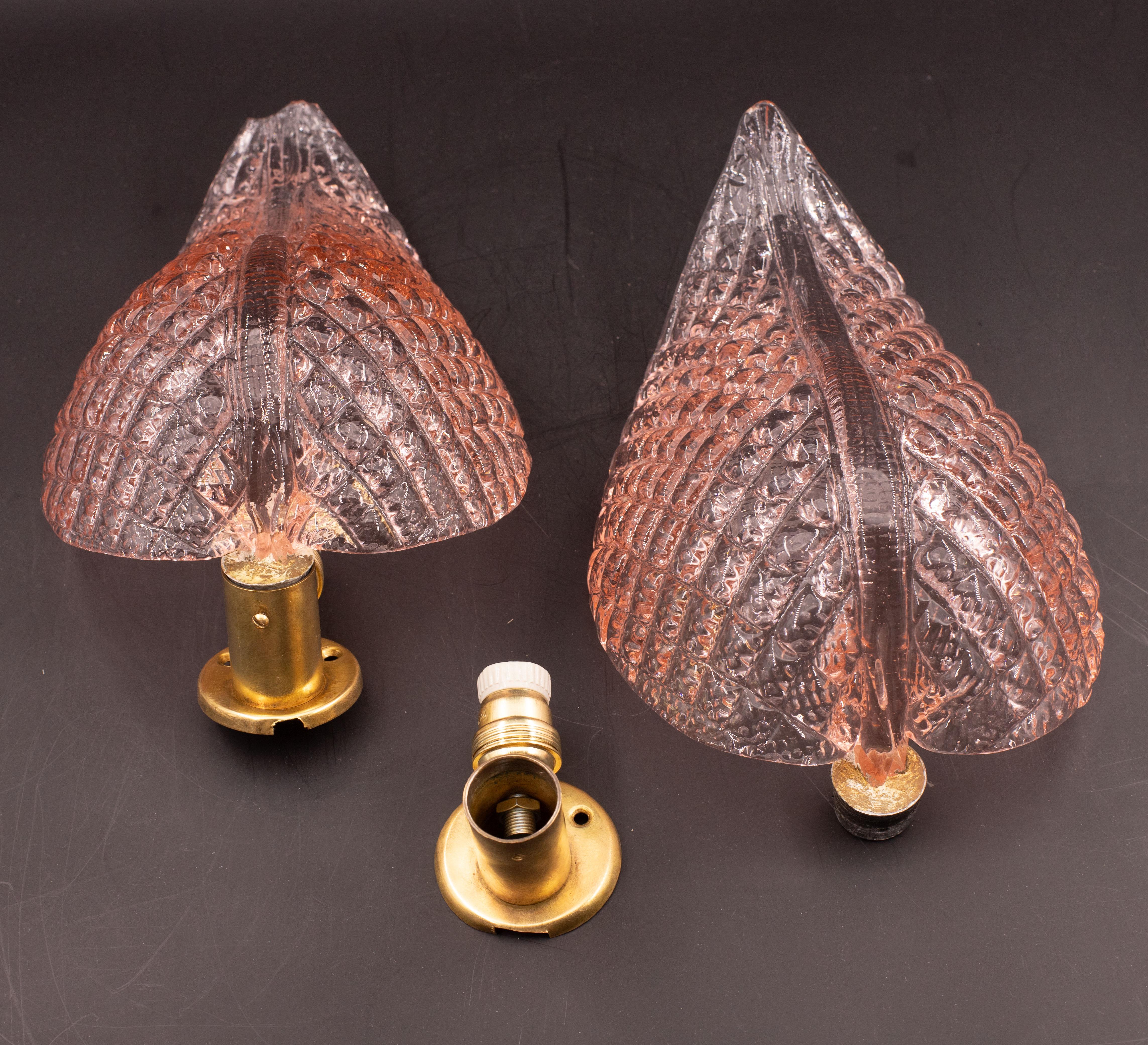 Set of 2 Wall light Pink Jewel Murano Glass Leave by Barovier e Toso, 1950s For Sale 2