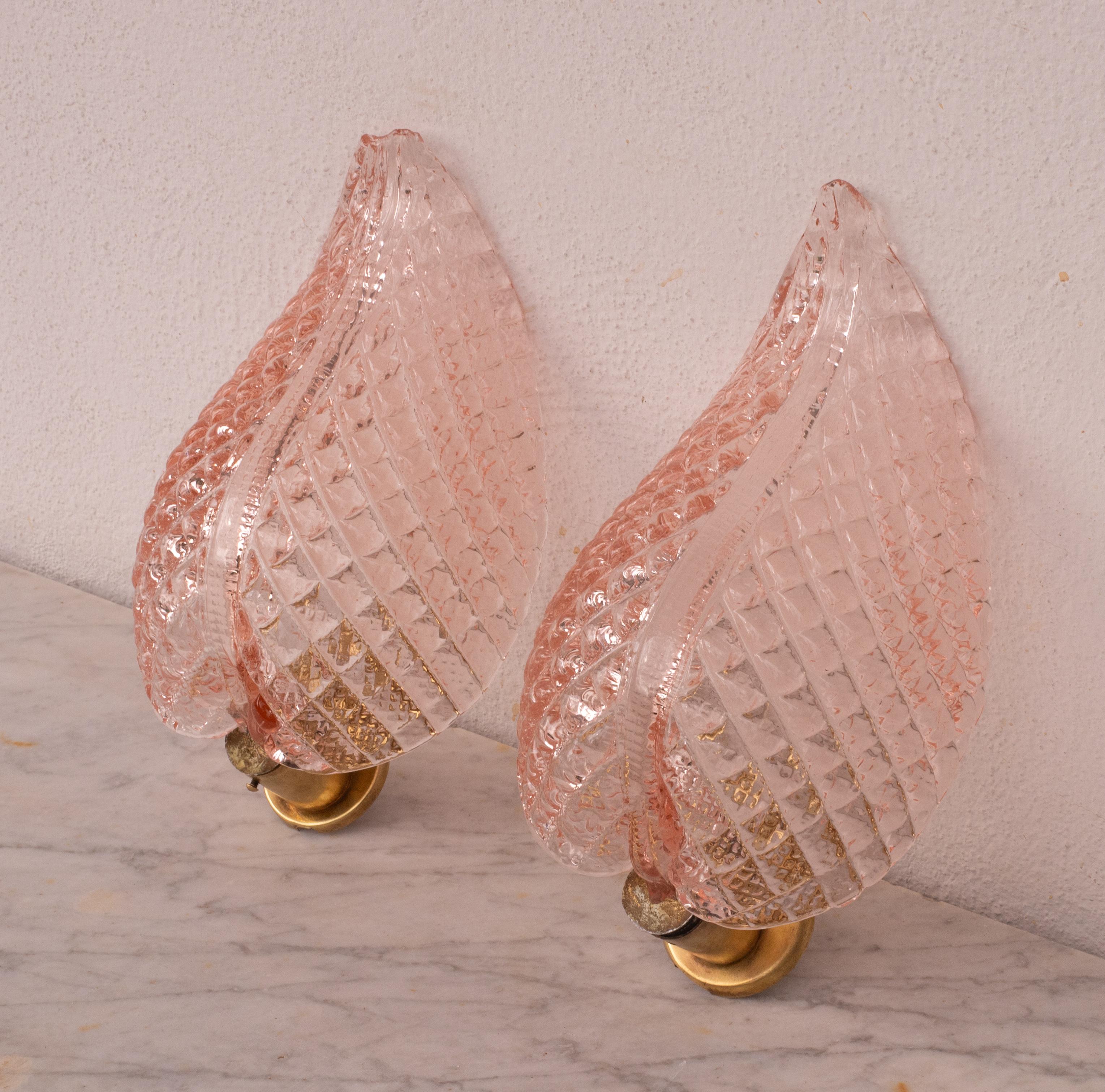 Set of 2 Wall light Pink Jewel Murano Glass Leave by Barovier e Toso, 1950s For Sale 4