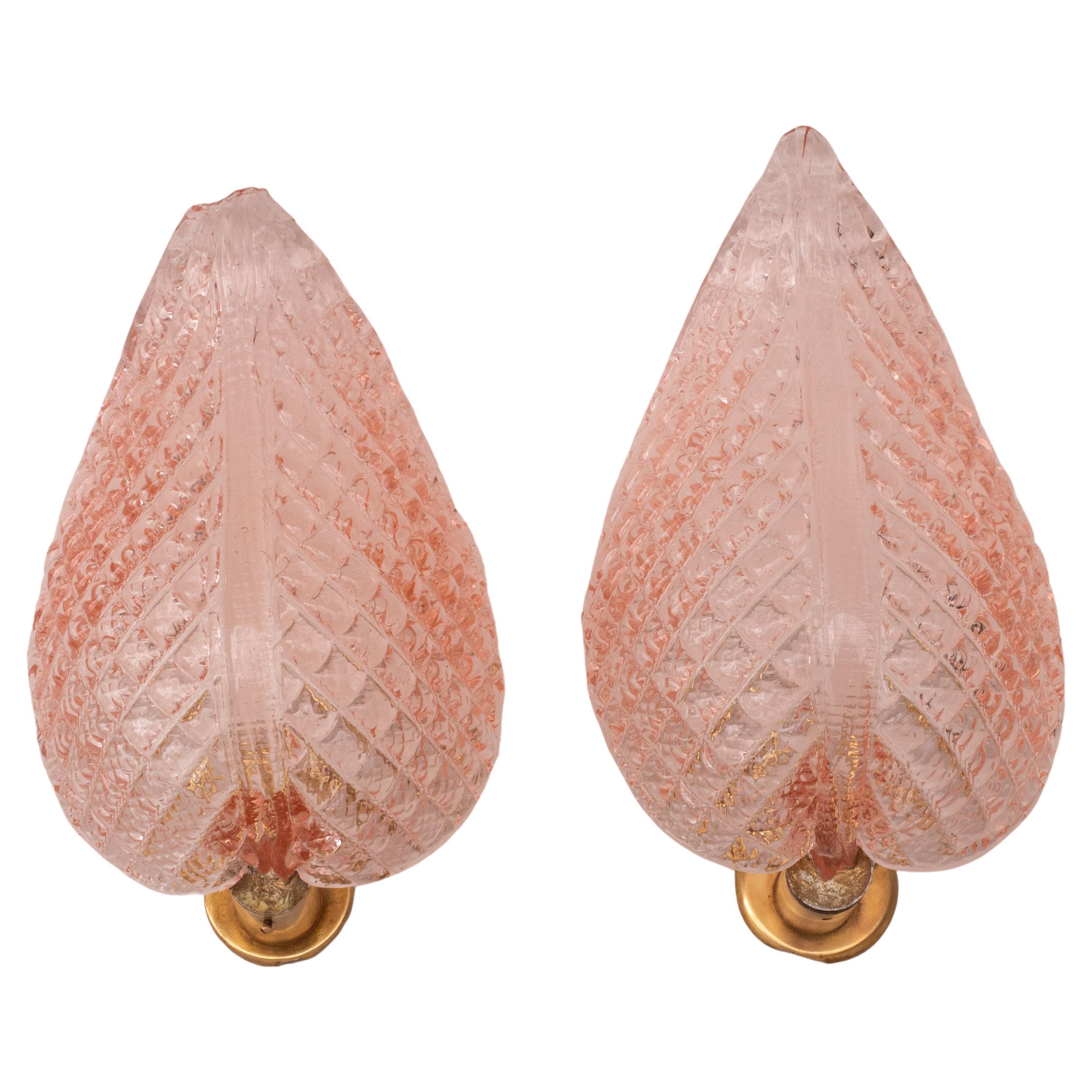 Set of 2 Wall light Pink Jewel Murano Glass Leave by Barovier e Toso, 1950s