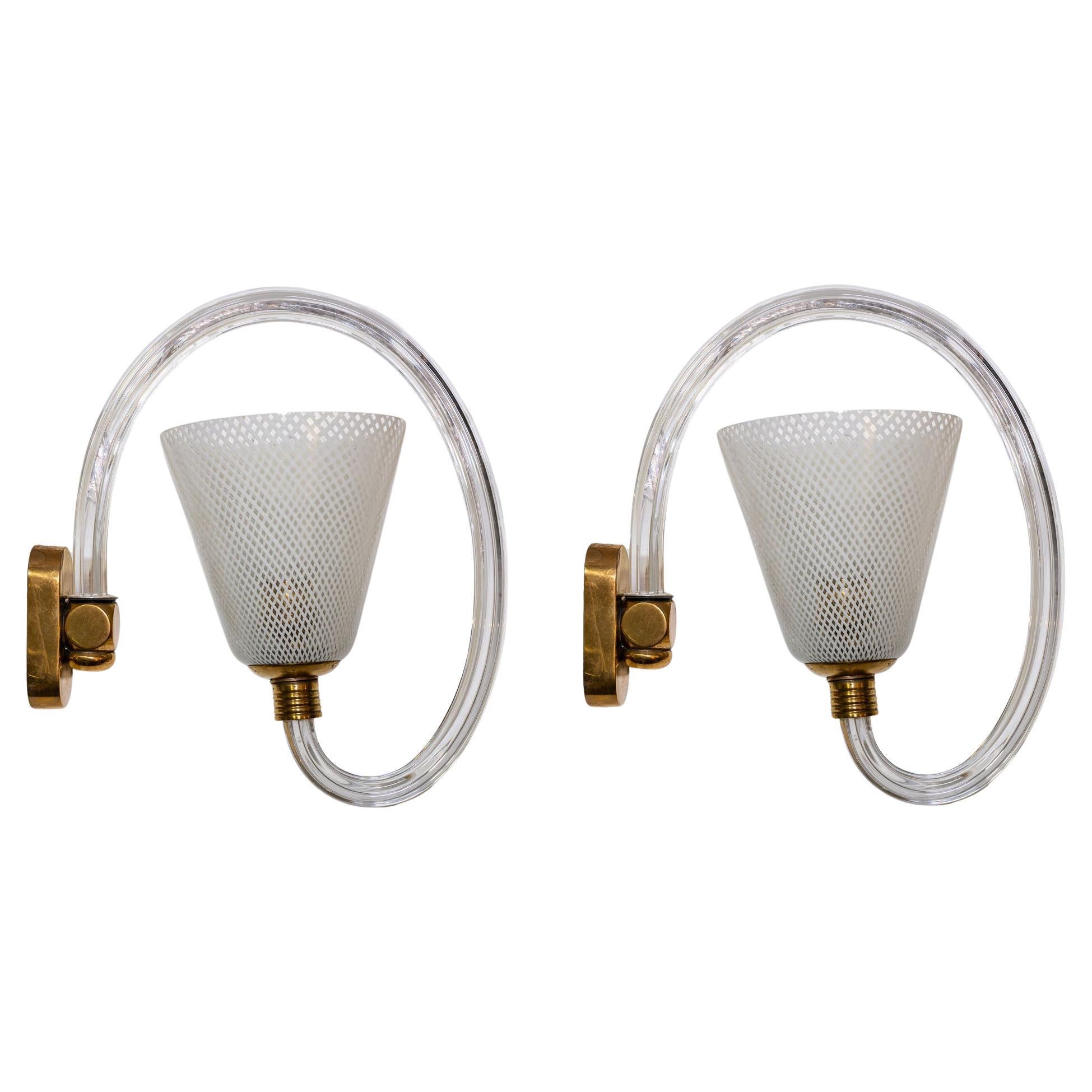 Set of 2 wall lights clear glass Italian design of Reticello late 1940 by Seguso For Sale