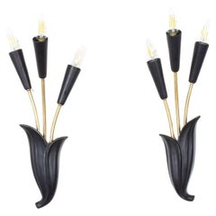 Set of 2 wall lights in black metal and brass, 1950