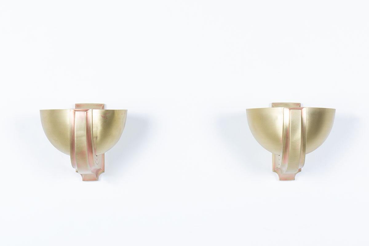 French Set of 2 wall lights in copper-plated brass 1930