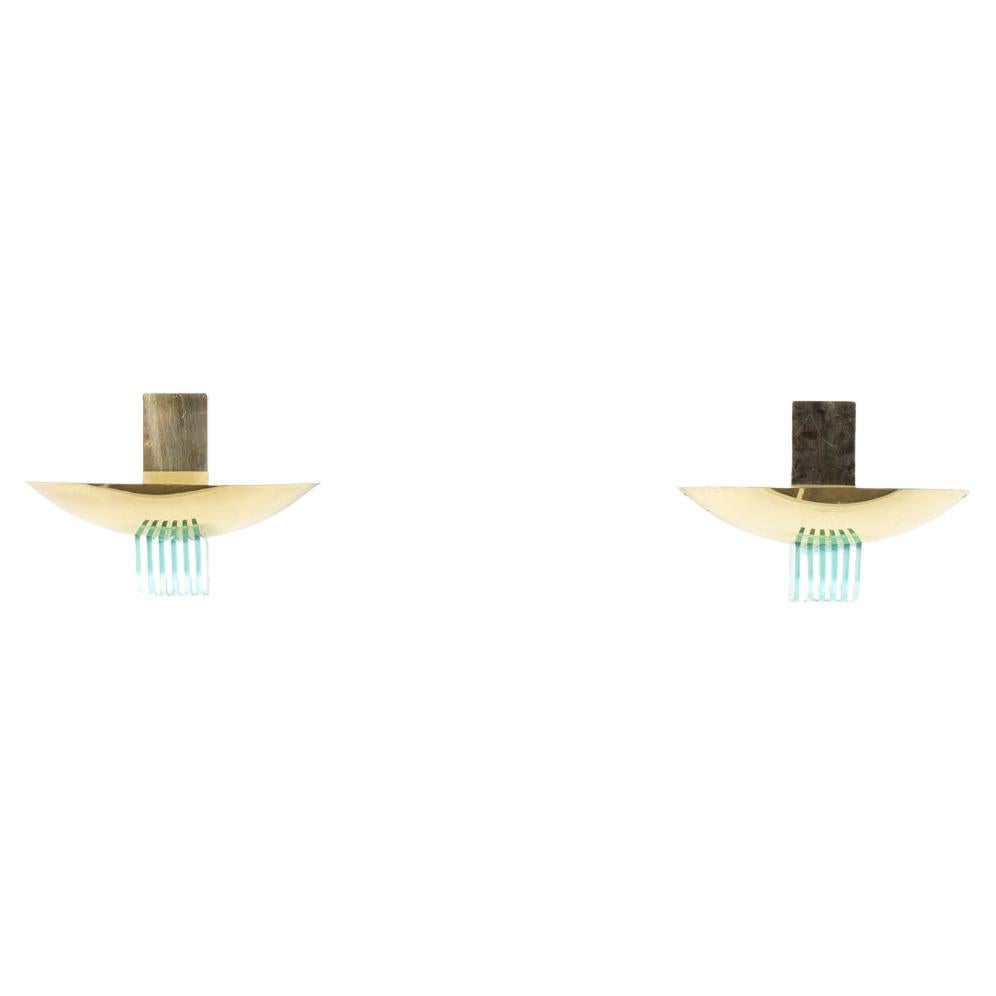 Set di 2 lampade da parete in metallo dorato e vetro, 1950