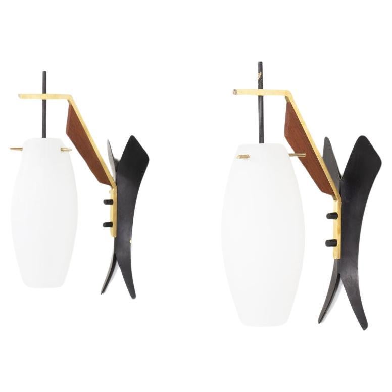 Set of 2 wall lights in metal, teak, brass and opaline 1950