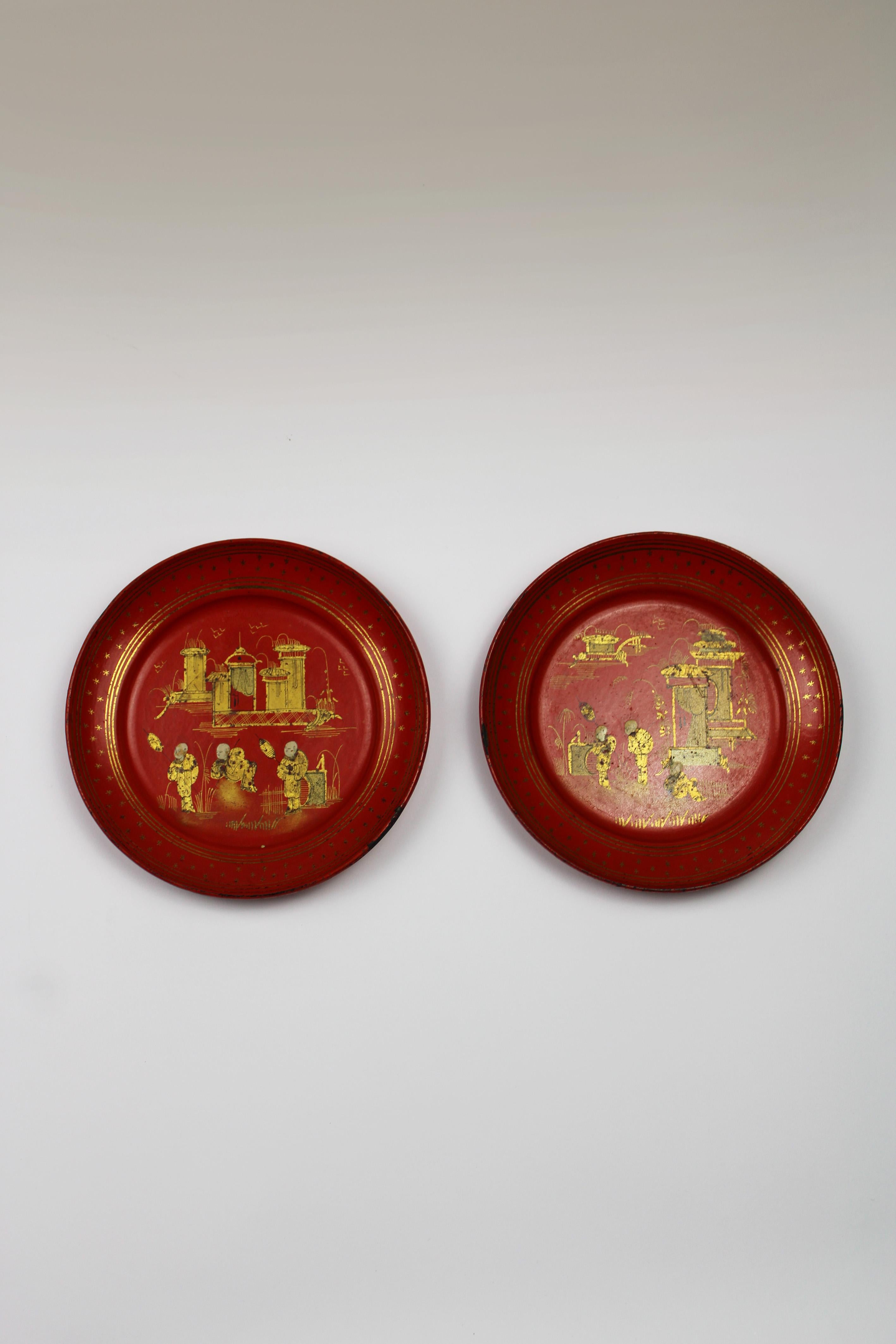 Hand-Painted Set of 2 Bottle Coasters Chinese Red Napoleon III Victorian 19th Century France