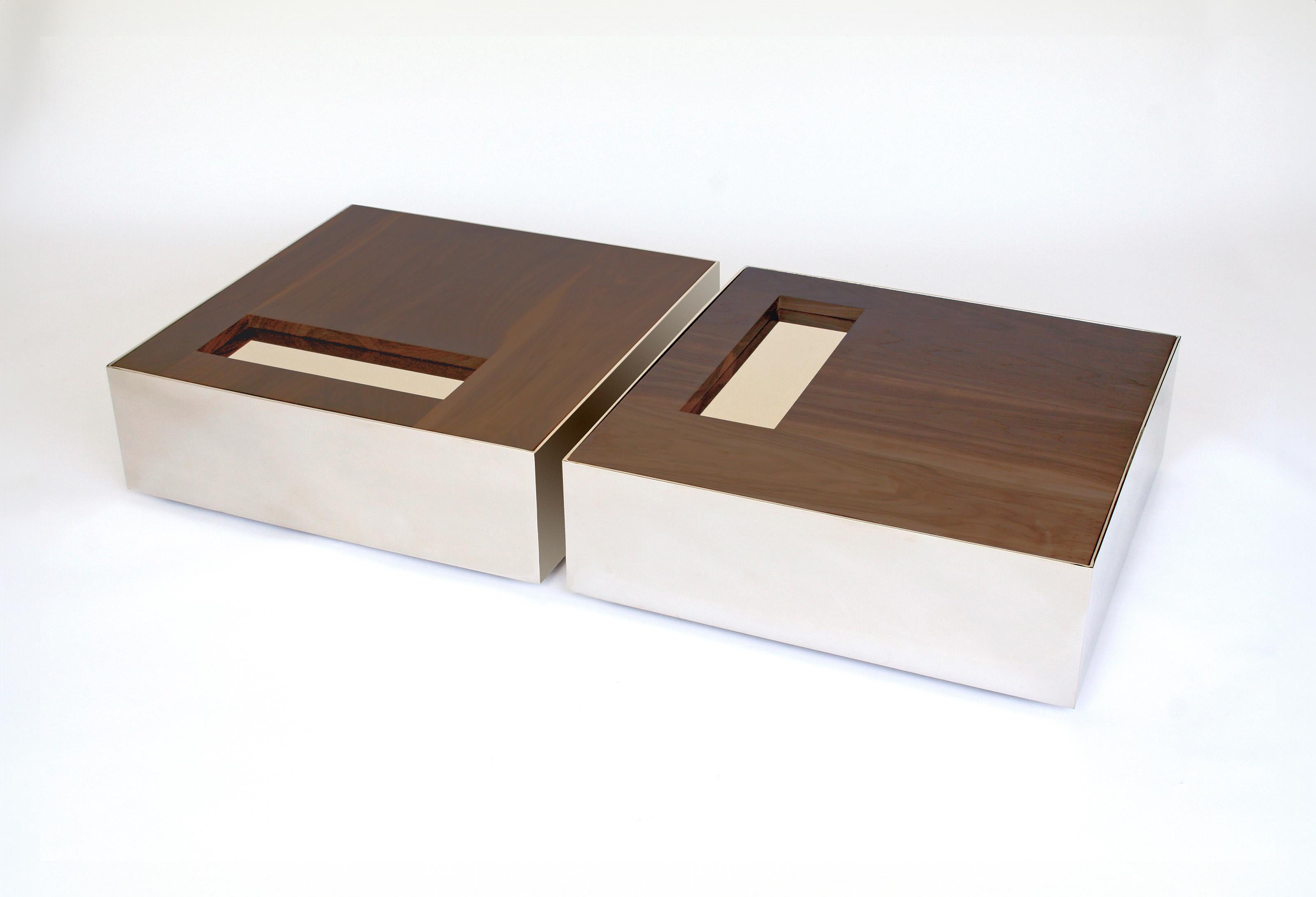 Set Of 2 Walnut Ballot Coffee Tables by Phase Design
Dimensions: D 76,2 x W 76,2 x H 25,4 cm.
Materials: Walnut and white powder-coated metal.

Steel coffee table with solid wood top, available in walnut, white oak, or ebonized oak. Available in