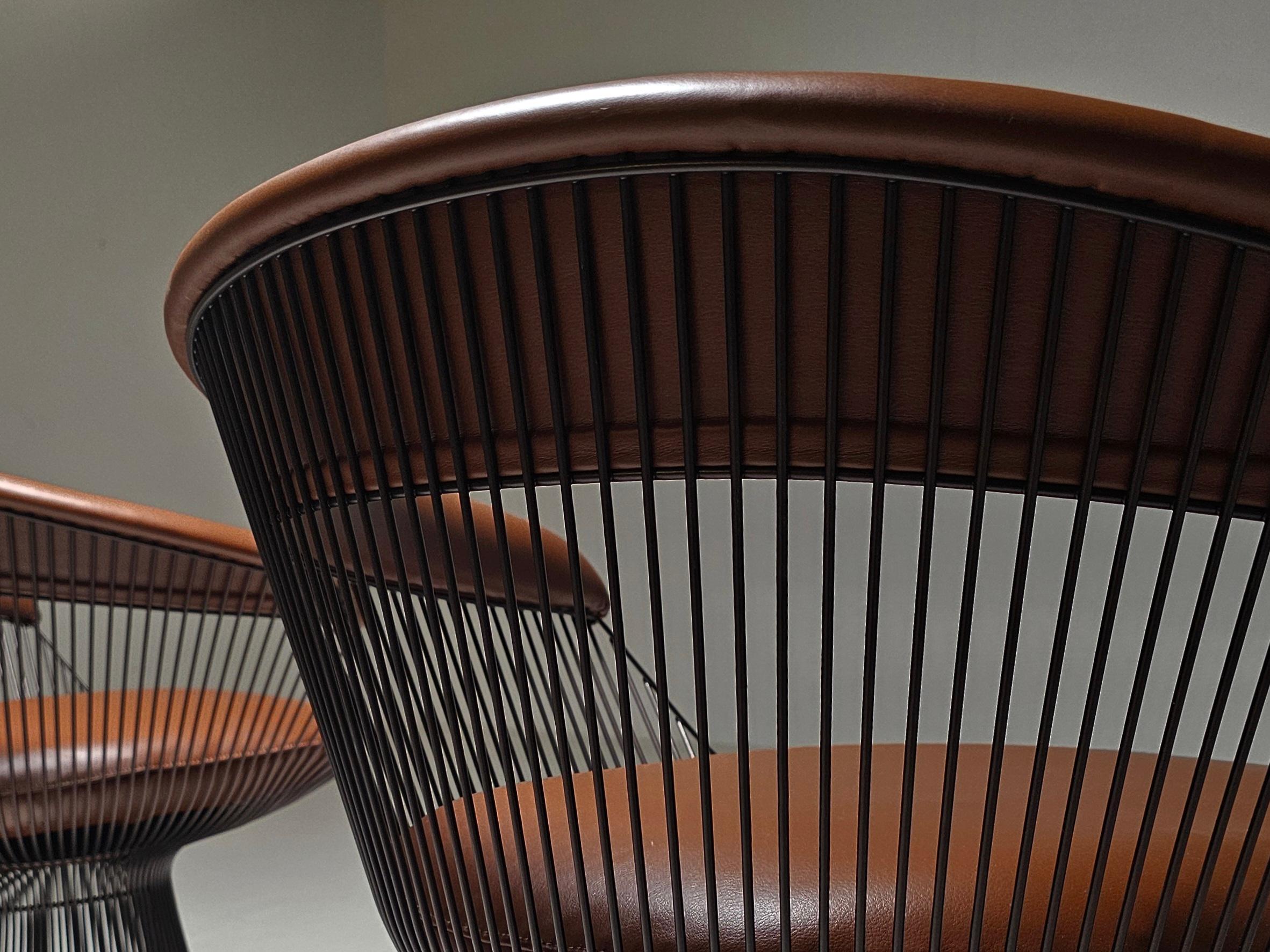 Set of 2 Warren Platner chairs in bronze and brown leather, Knoll International For Sale 2