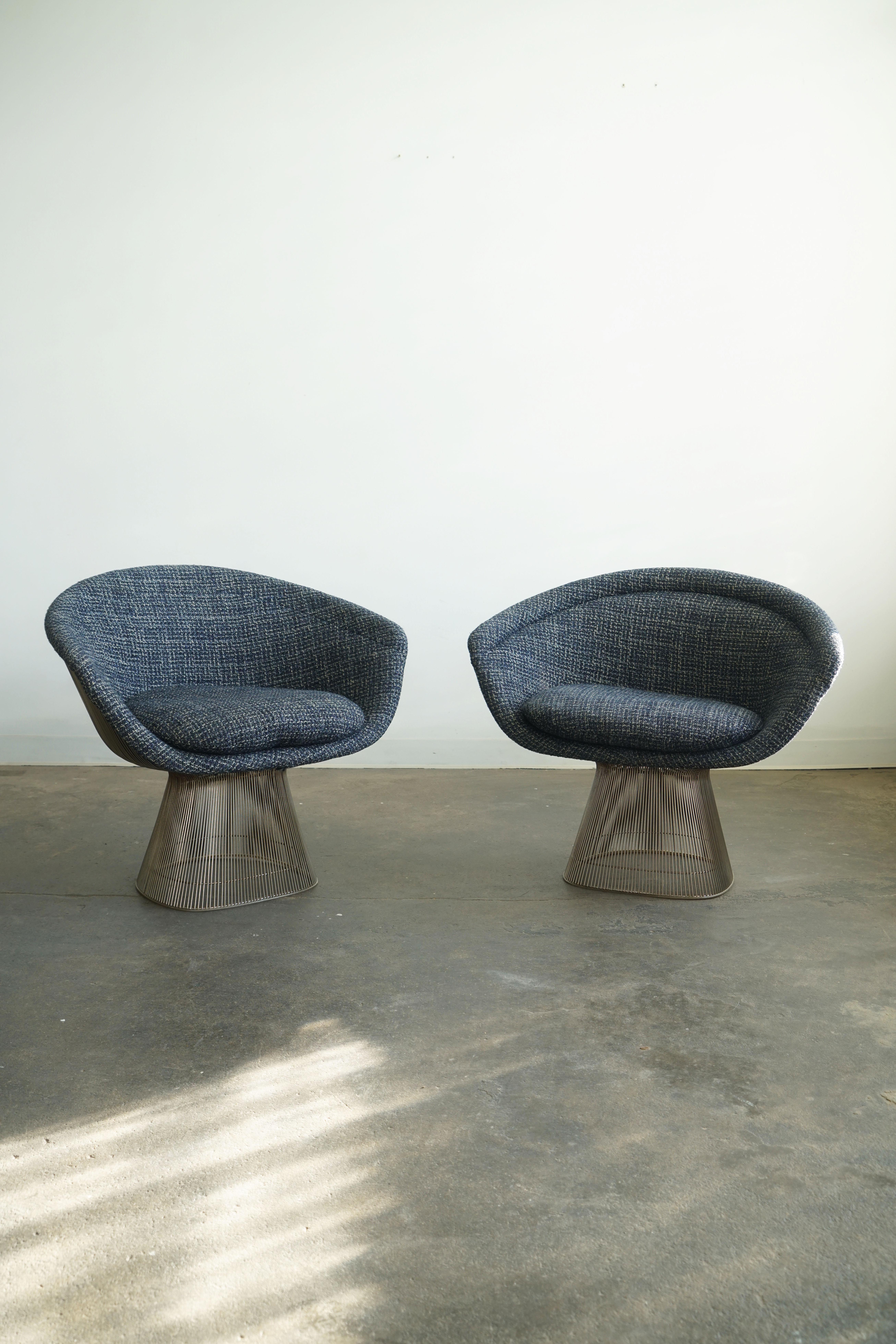 Pair of Warren Platner Lounge Chairs for Knoll International.
Blue upholstery, nickel frame.
Earlier editions. 

The Platner Collection (1966) reflects his belief that there’s room in modernism “for the kind of decorative, gentle, graceful design