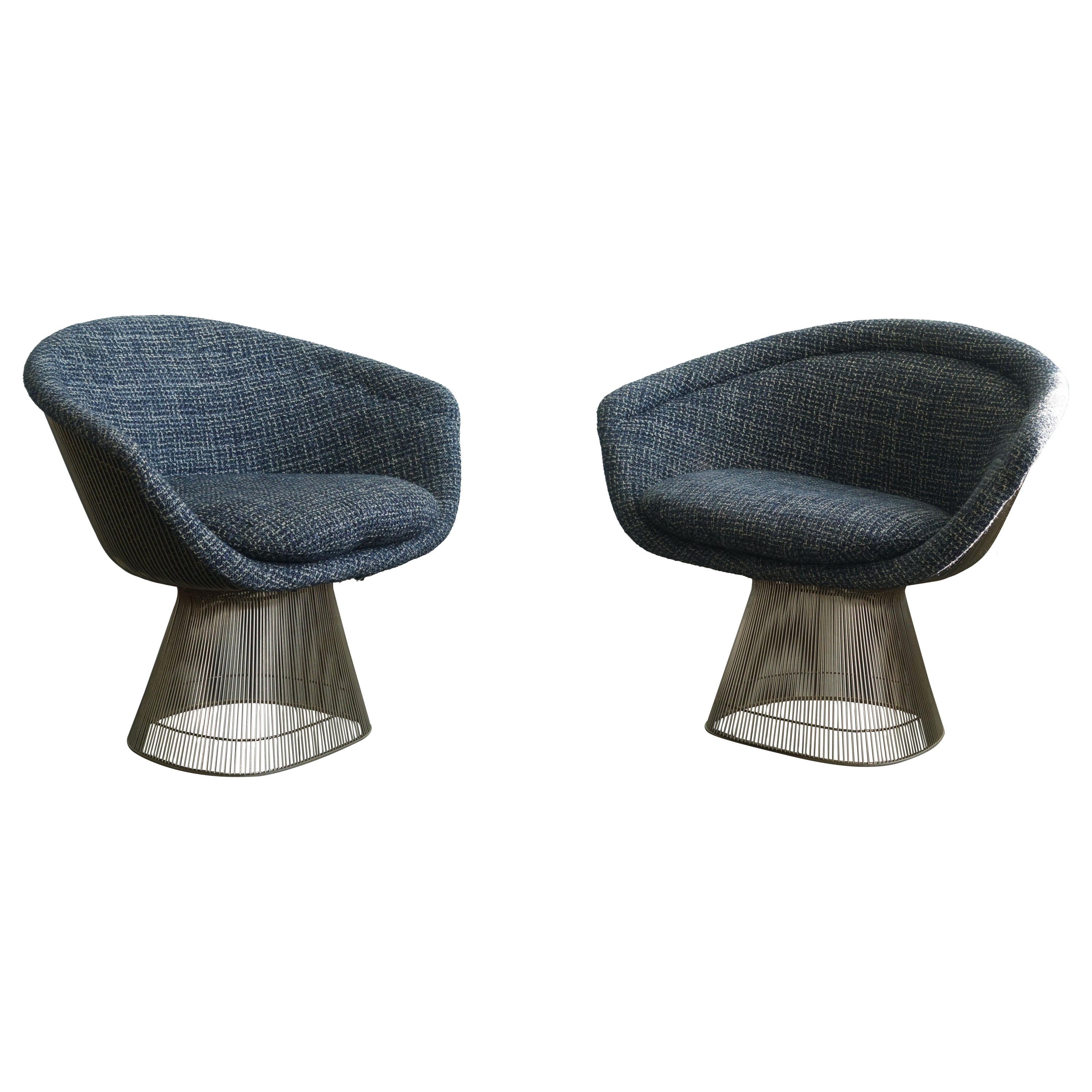 Set of 2 Warren Platner Lounge Chairs for Knoll International, blue upholstery