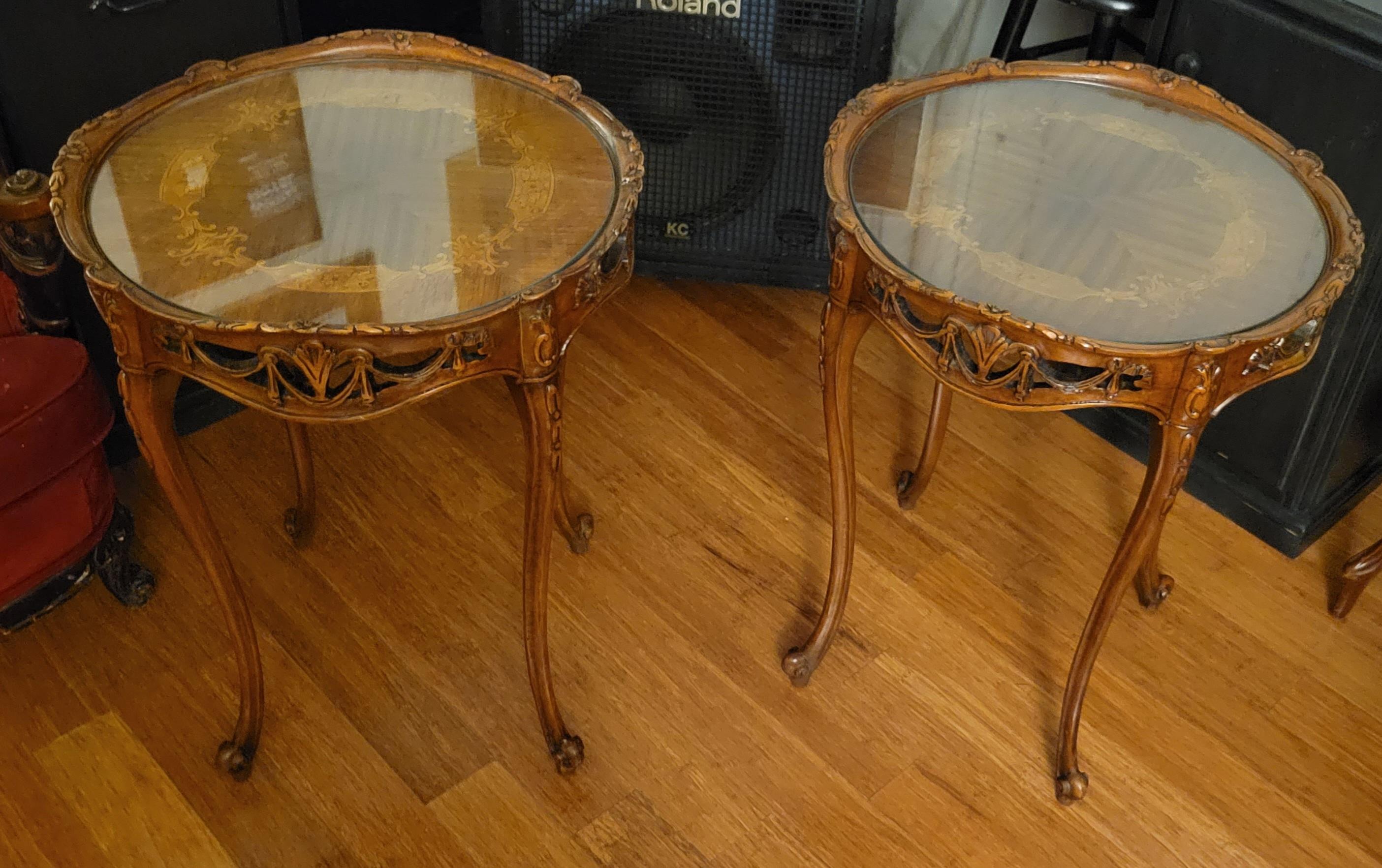 Set of '2' Antique Walnut Hand-Carved Tables with Inlays & Custom Glass For Sale 3
