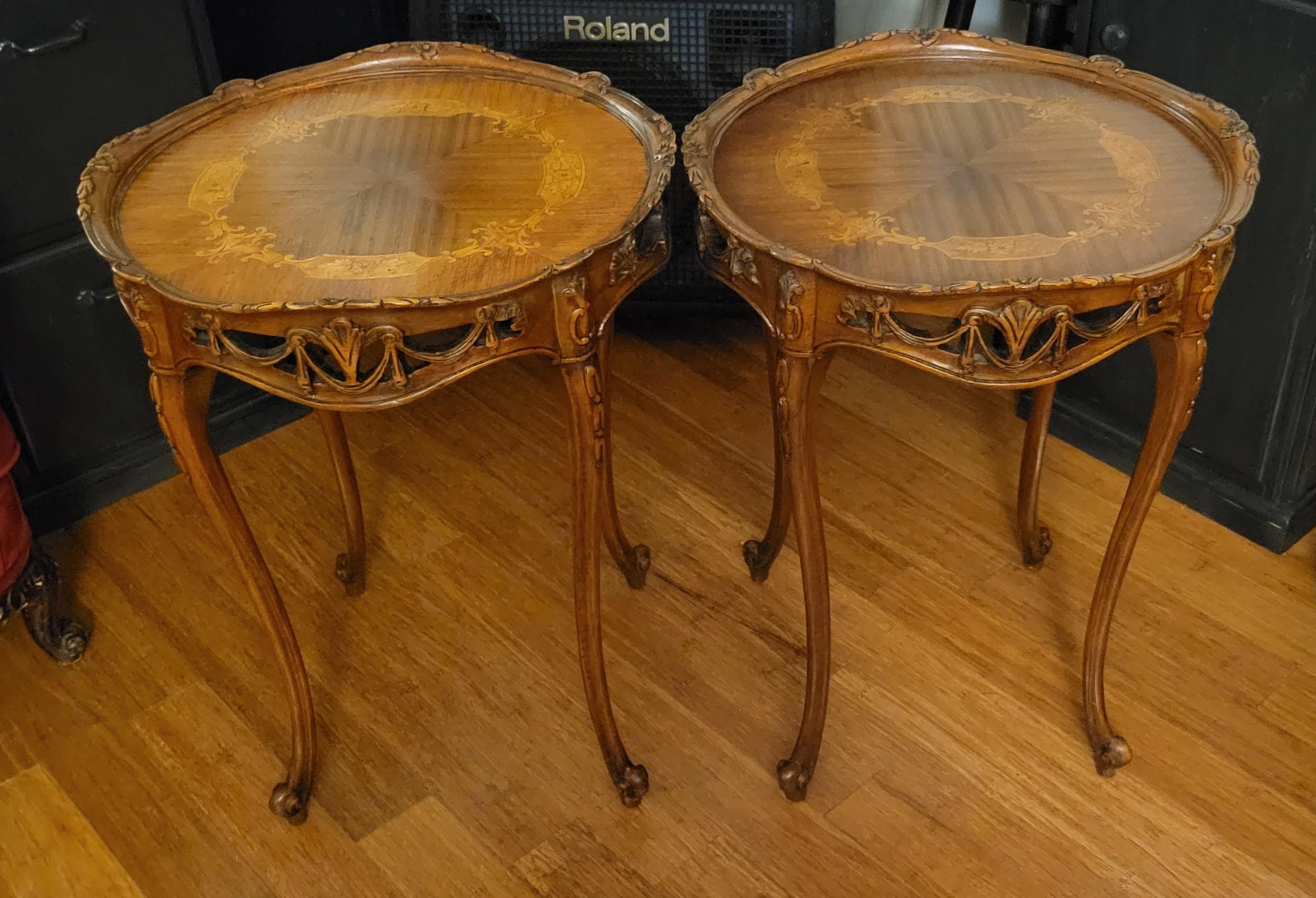 Set of '2' Antique Walnut Hand-Carved Tables with Inlays & Custom Glass In Good Condition For Sale In Phoenix, AZ