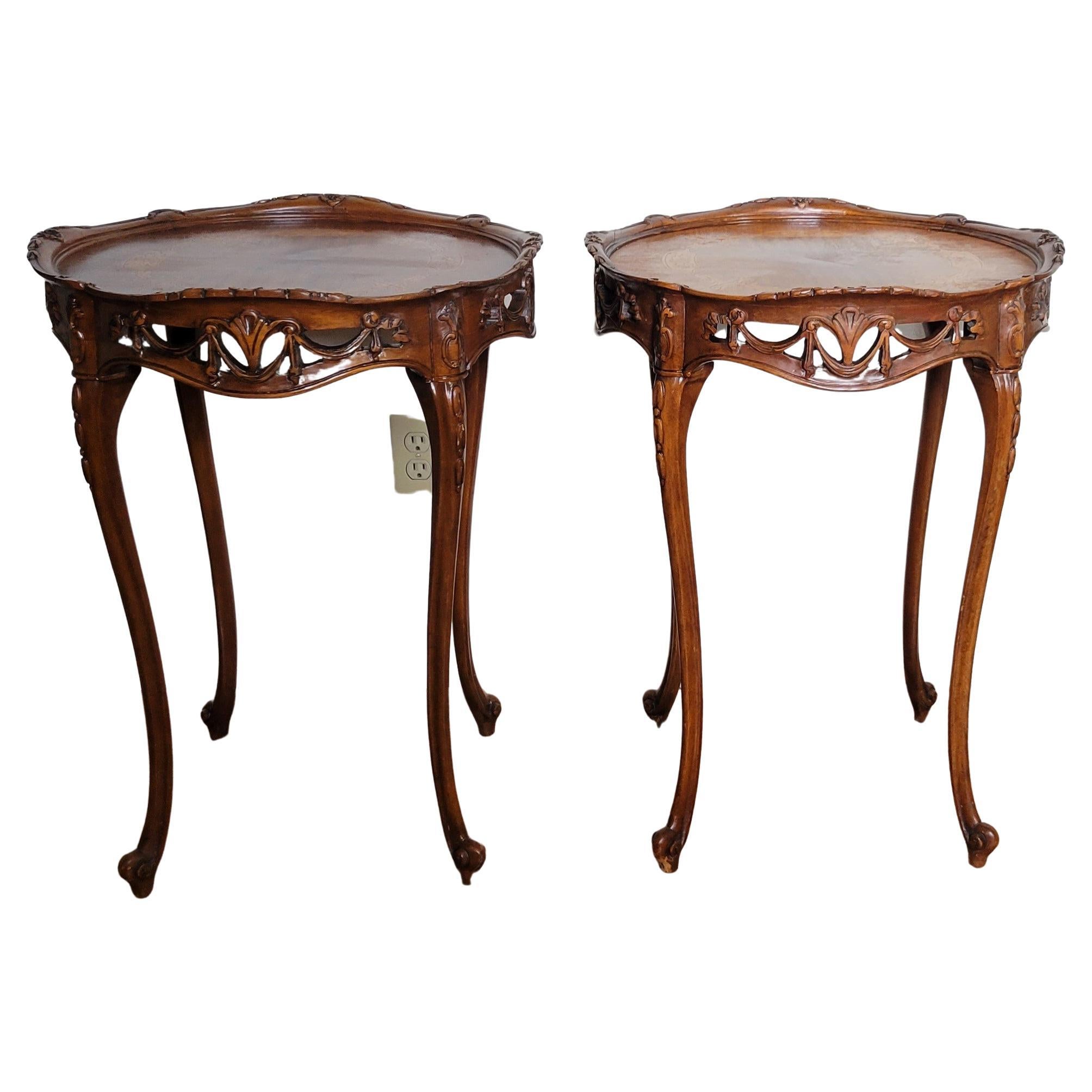 Set of '2' Antique Walnut Hand-Carved Tables with Inlays & Custom Glass For Sale