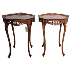 Set of '2' Antique Walnut Hand-Carved Tables with Inlays & Custom Glass