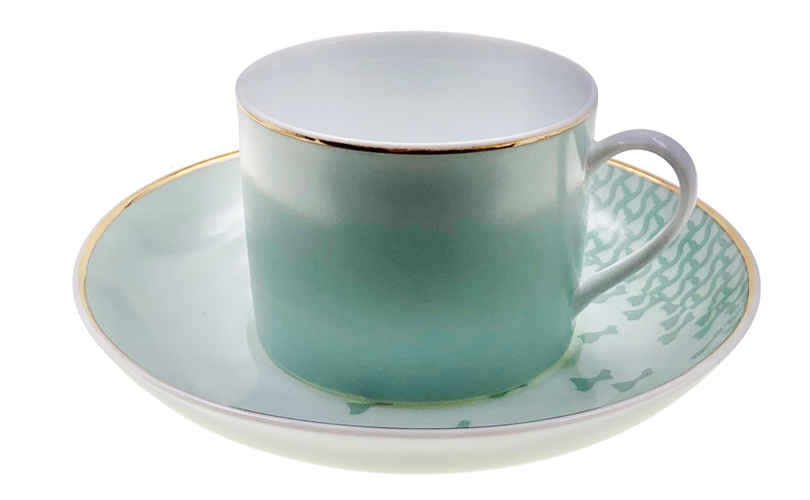 Larger quantities available upon request, with 8 weeks production time.

Description: Set of 2 western tea cup with saucer (2 pieces)
Color: Sage green
Size: 7.5Ø x 5.5H cm, 170 ml
Material: Porcelain and gold
Collection: Mid Century Rhythm