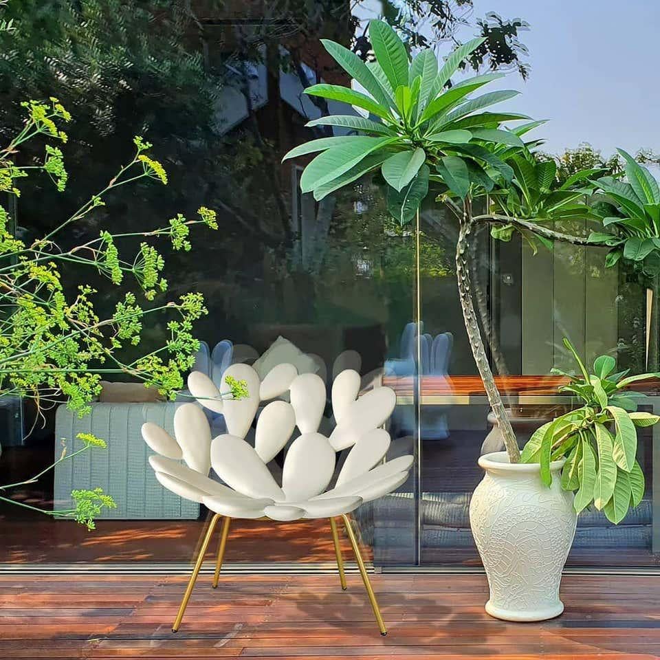 Brushed Set of 2 White and Brass Outdoor Cactus Chairs, Made in Italy  For Sale