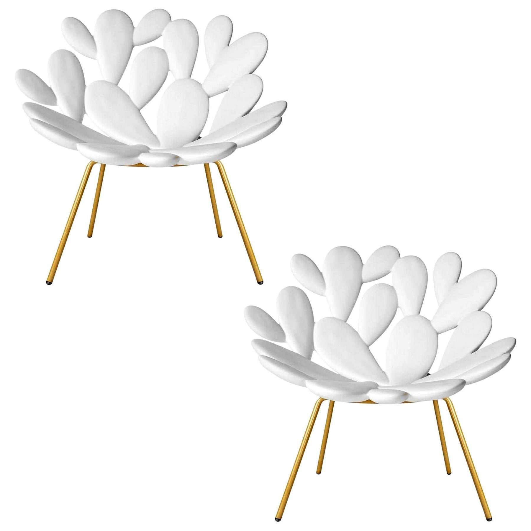 Ensemble de 2 chaises d'extérieur Cactus blanches et en laiton, fabriquées en Italie 