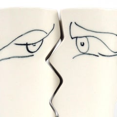 Set of 2 White Ceramic 'Kissing" Mugs Designed and Made by Studio Zwartjes