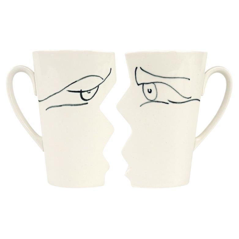 Set of 2 White Ceramic 'Kissing" Mugs Designed and Made by Studio Zwartjes