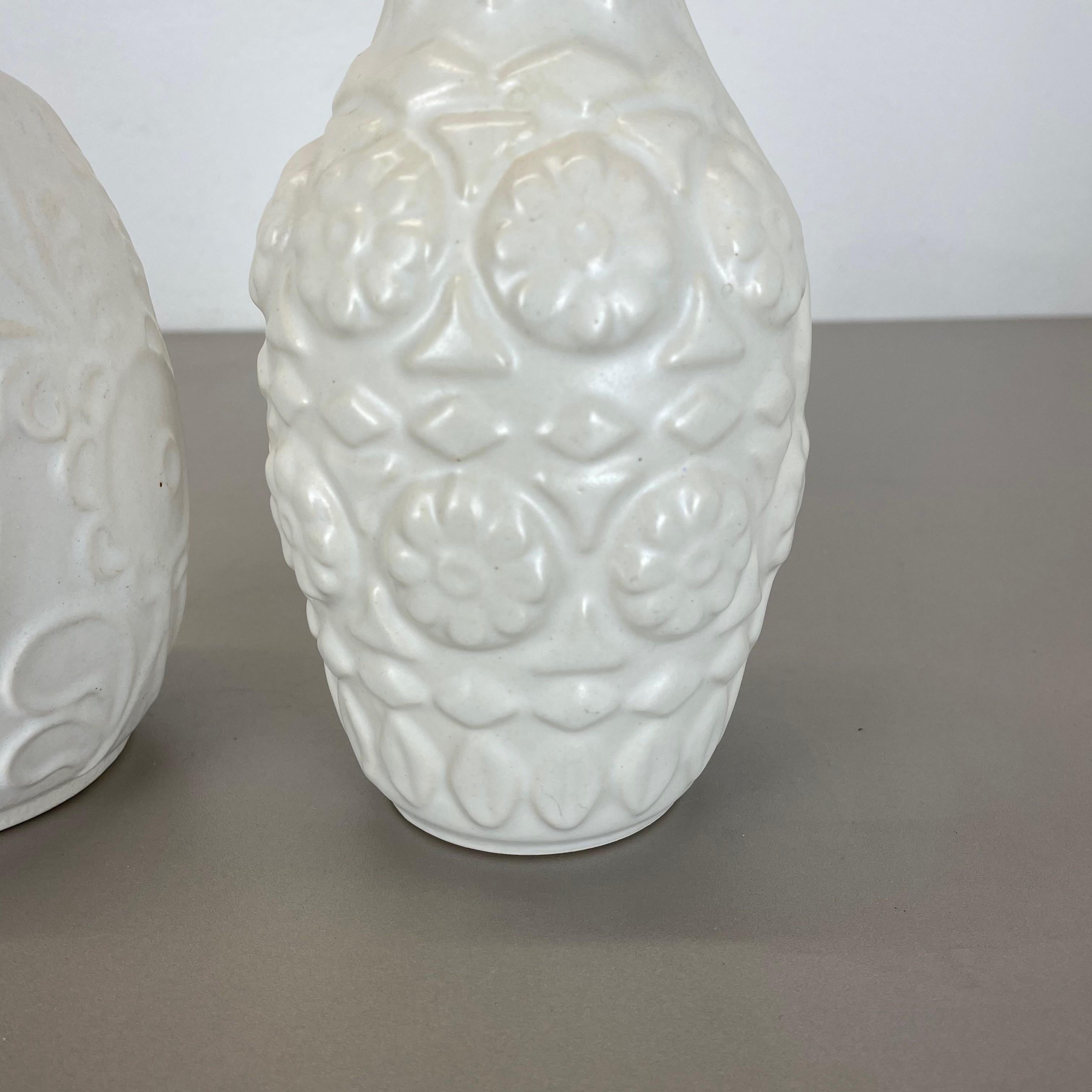Set of 2 White Floral Fat Lava Op Art Pottery Vase Made Bay Ceramics, Germany For Sale 6