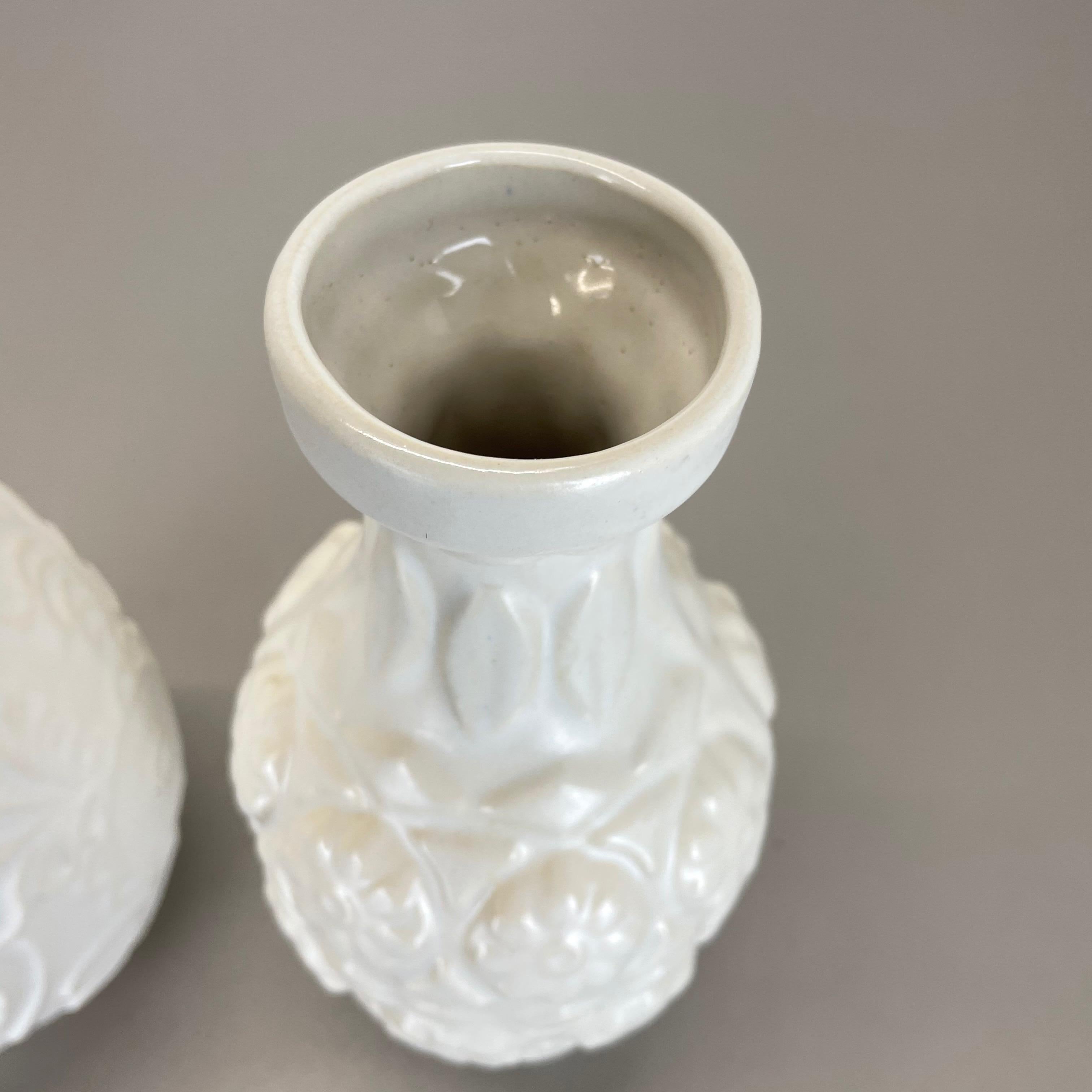 Set of 2 White Floral Fat Lava Op Art Pottery Vase Made Bay Ceramics, Germany For Sale 9